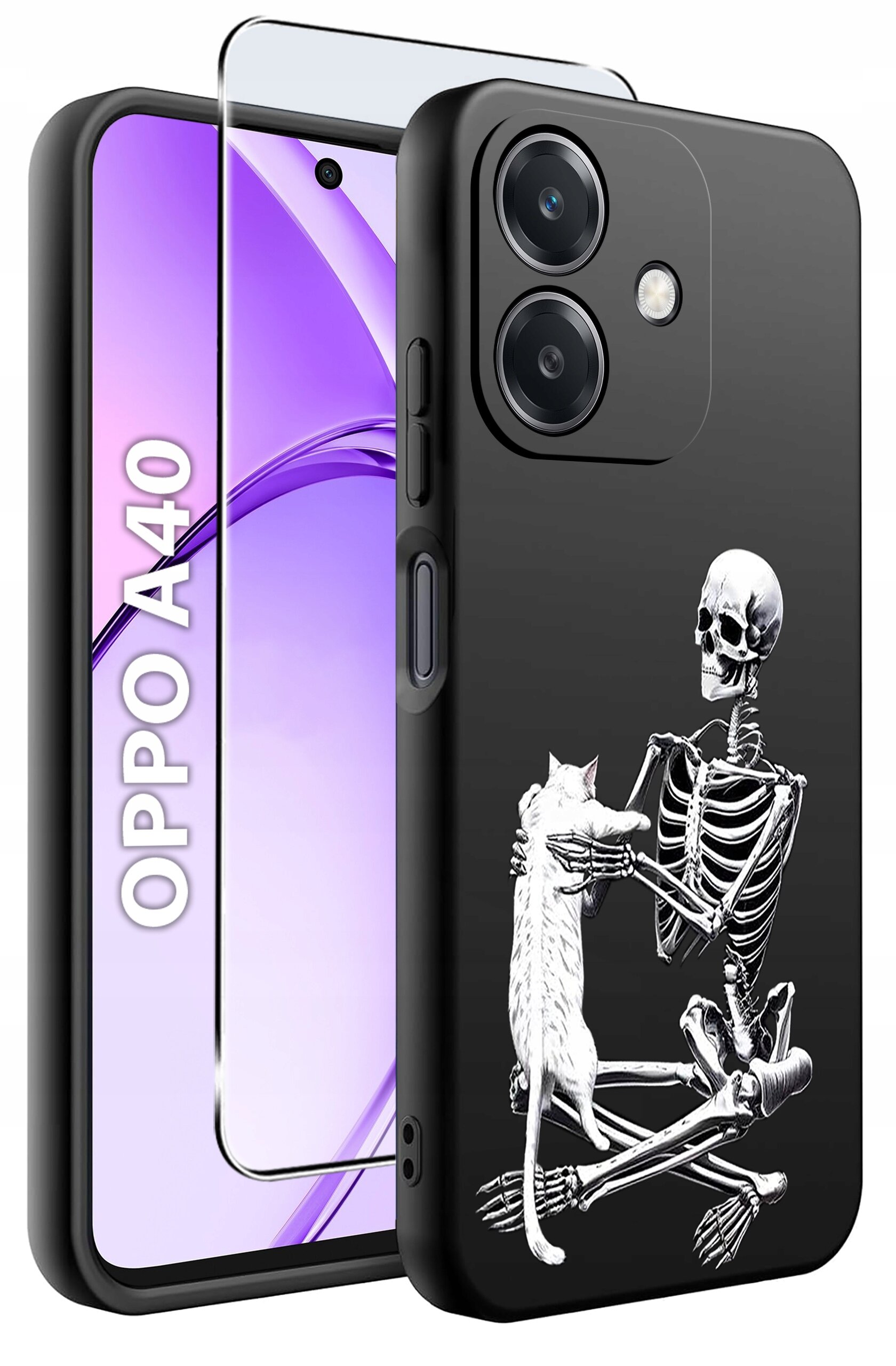 Obraz przedstawia czarne etui na telefon z nadrukiem szkieletu trzymającego kota. Obok widoczny jest telefon z napisem \'OPPO A40\' na ekranie oraz szkło ochronne.