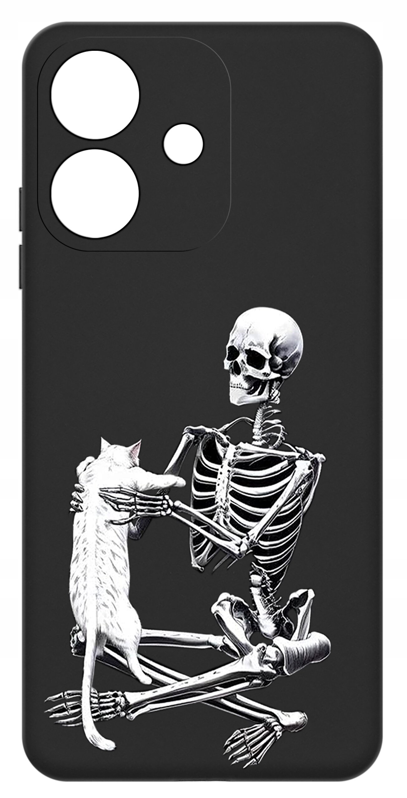 Czarne etui na telefon z nadrukiem szkieletu trzymającego kota. Etui ma wycięcia na aparat i przyciski.