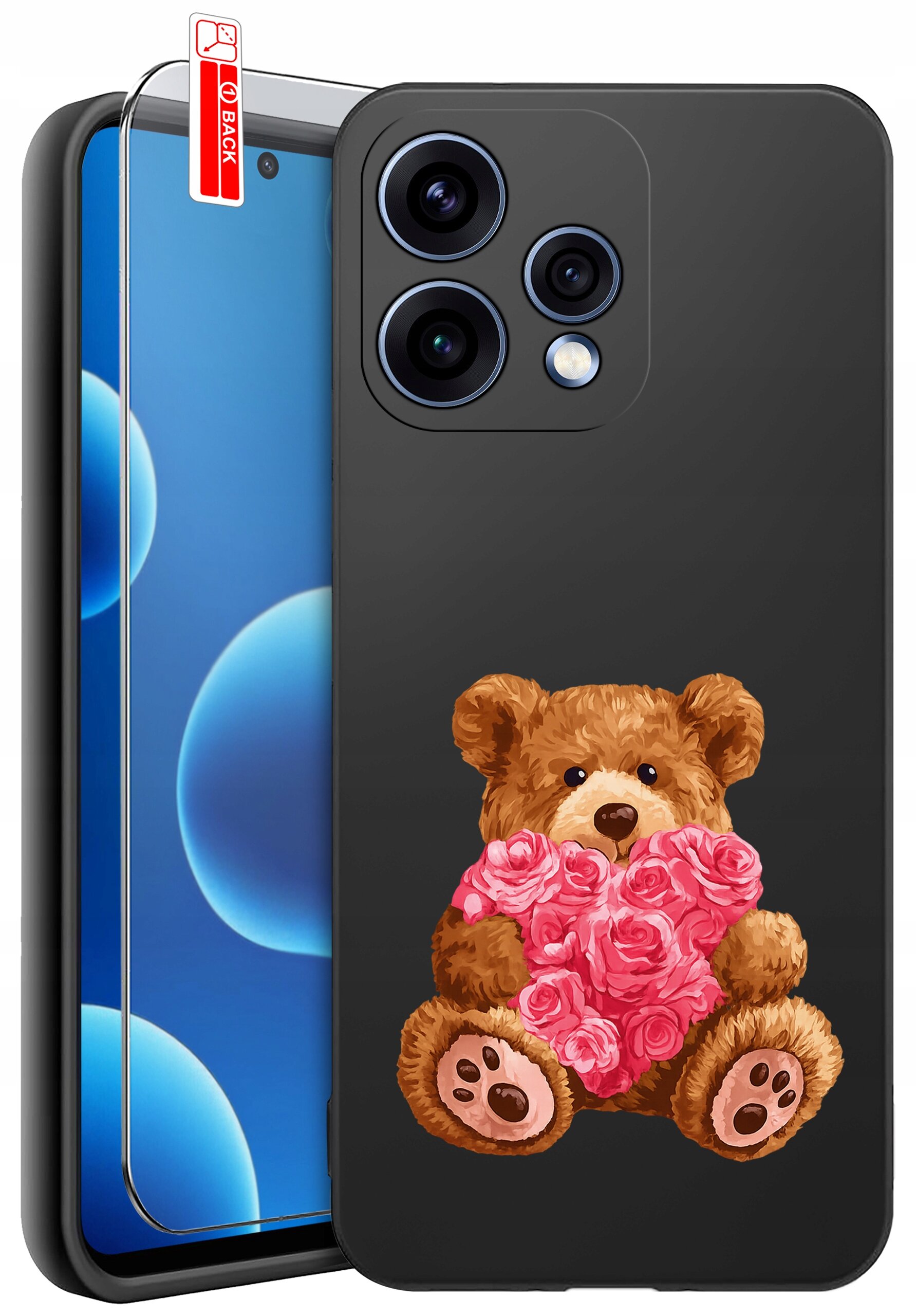 Czarne etui na telefon z nadrukiem misia trzymającego różowe serce z kwiatów. Obok etui znajduje się szkło ochronne z napisem \'BACK\'.