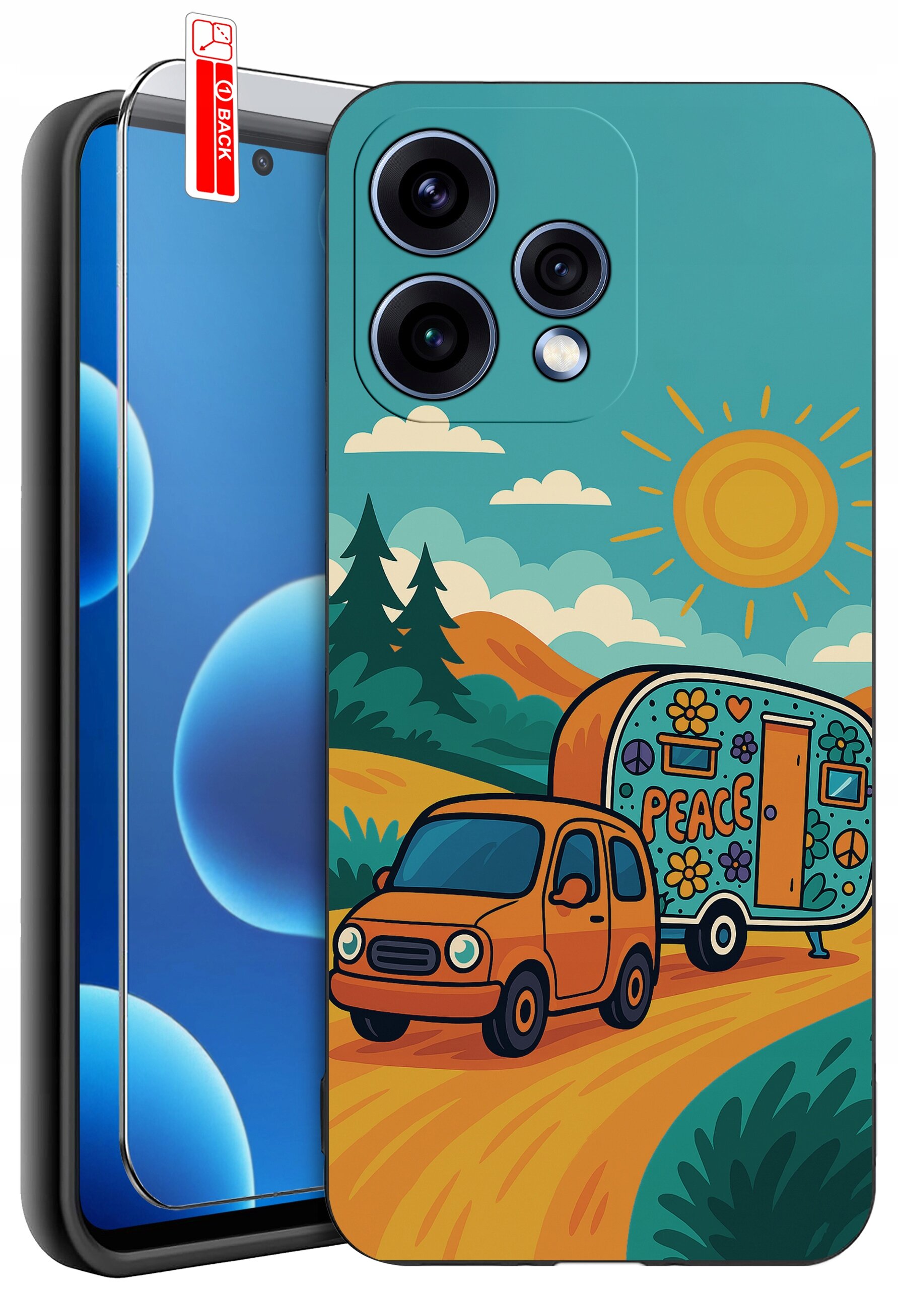 Etui na telefon z kolorowym wzorem przedstawiającym samochód ciągnący przyczepę z napisem \'PEACE\' na tle krajobrazu z górami i słońcem. Obok etui znajduje się szkło ochronne z oznaczeniem \'BACK\'.