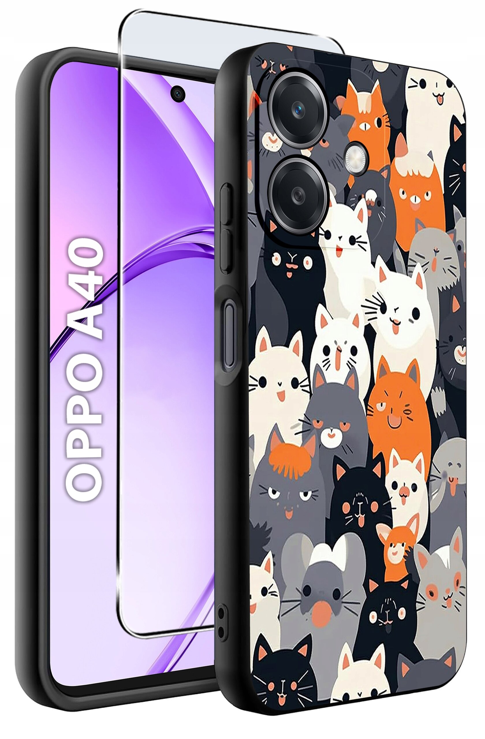 Obraz przedstawia etui na telefon z wzorem wielu kolorowych kotów oraz szkło ochronne. Obok widoczny jest telefon z napisem \'OPPO A40\'.