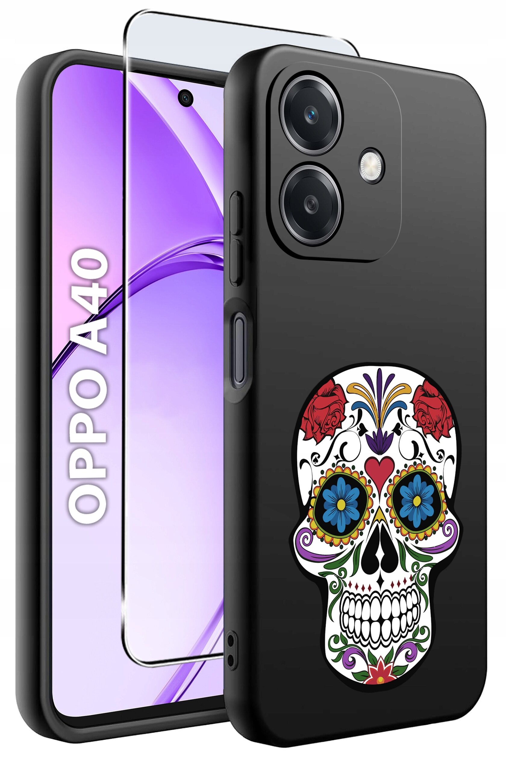 Obraz przedstawia czarne etui na telefon z kolorowym wzorem czaszki, obok którego znajduje się telefon z napisem \'OPPO A40\'.