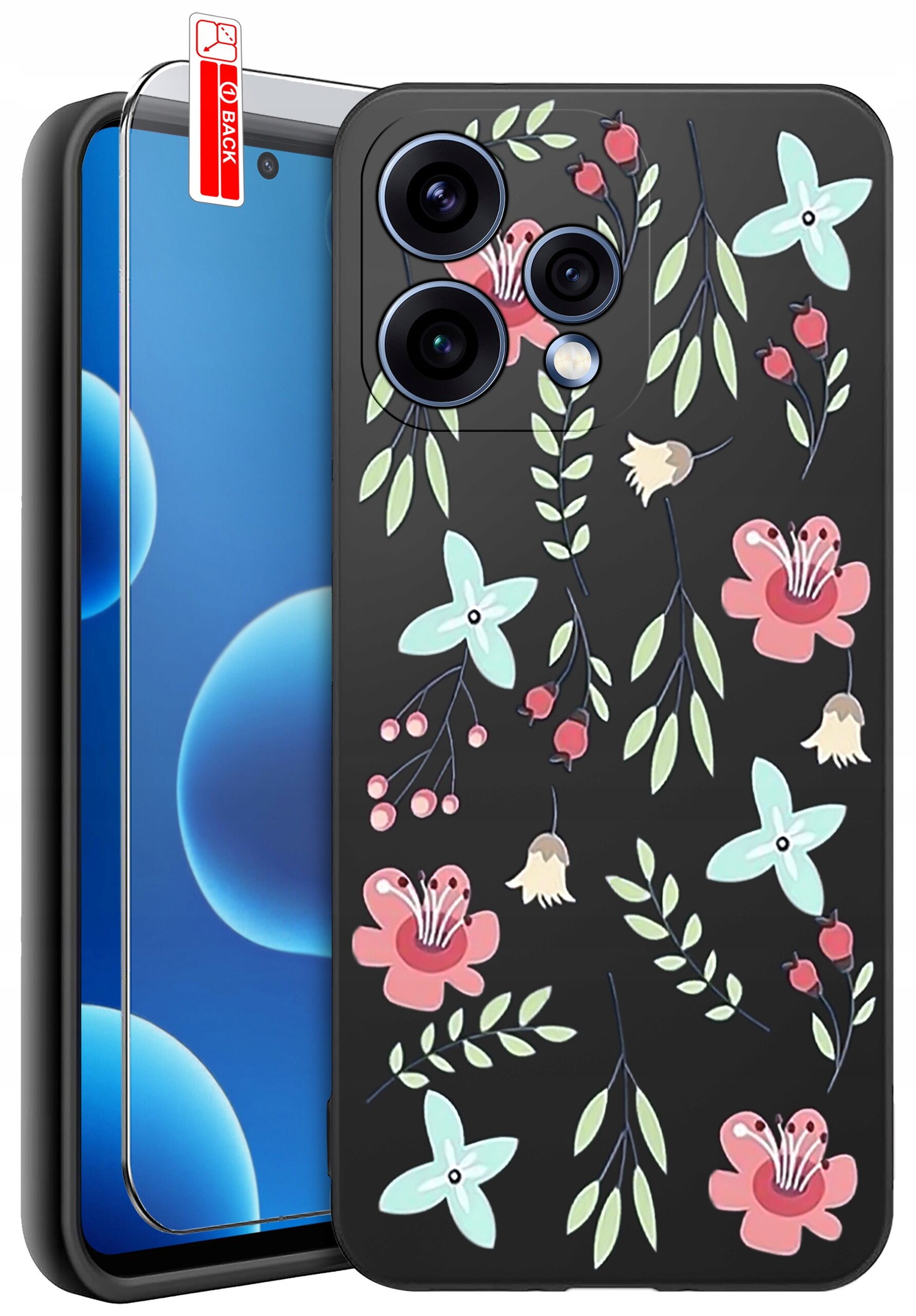 Etui na telefon z kolorowym wzorem kwiatowym na czarnym tle, obok znajduje się szkło ochronne z napisem \'BACK\'.