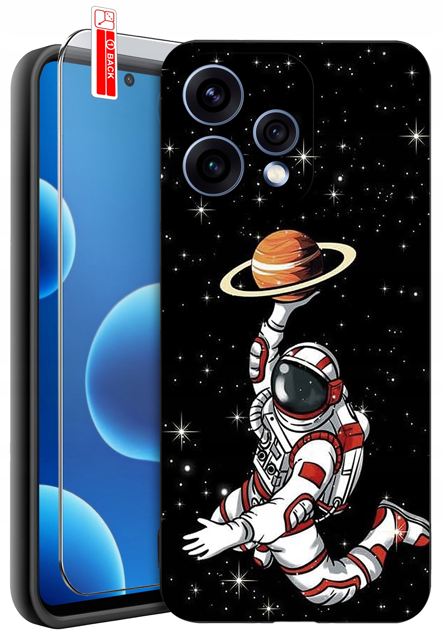 Etui na telefon z motywem astronauty trzymającego planetę z pierścieniami na tle gwiazd. Obok widoczne jest szkło ochronne z napisem \'BACK\'.