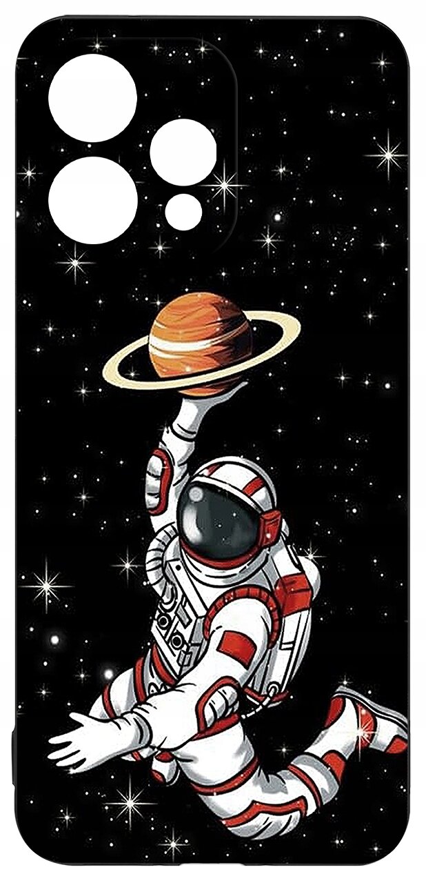 Etui z motywem astronauty trzymającego planetę z pierścieniami na tle gwiazd. W górnej części widoczne są wycięcia na aparat.