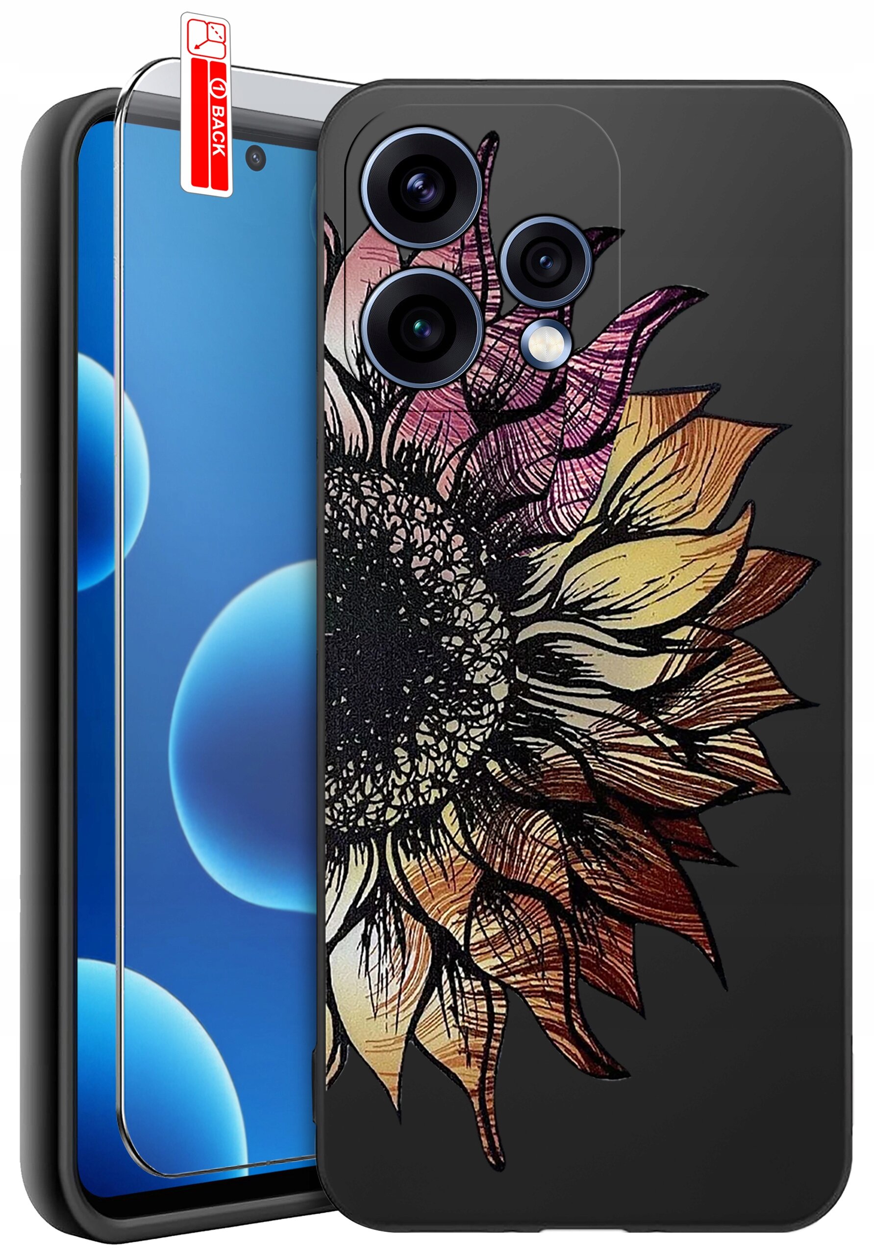 Etui na telefon z kolorowym wzorem kwiatu, obok którego znajduje się szkło ochronne z napisem \'BACK\'.