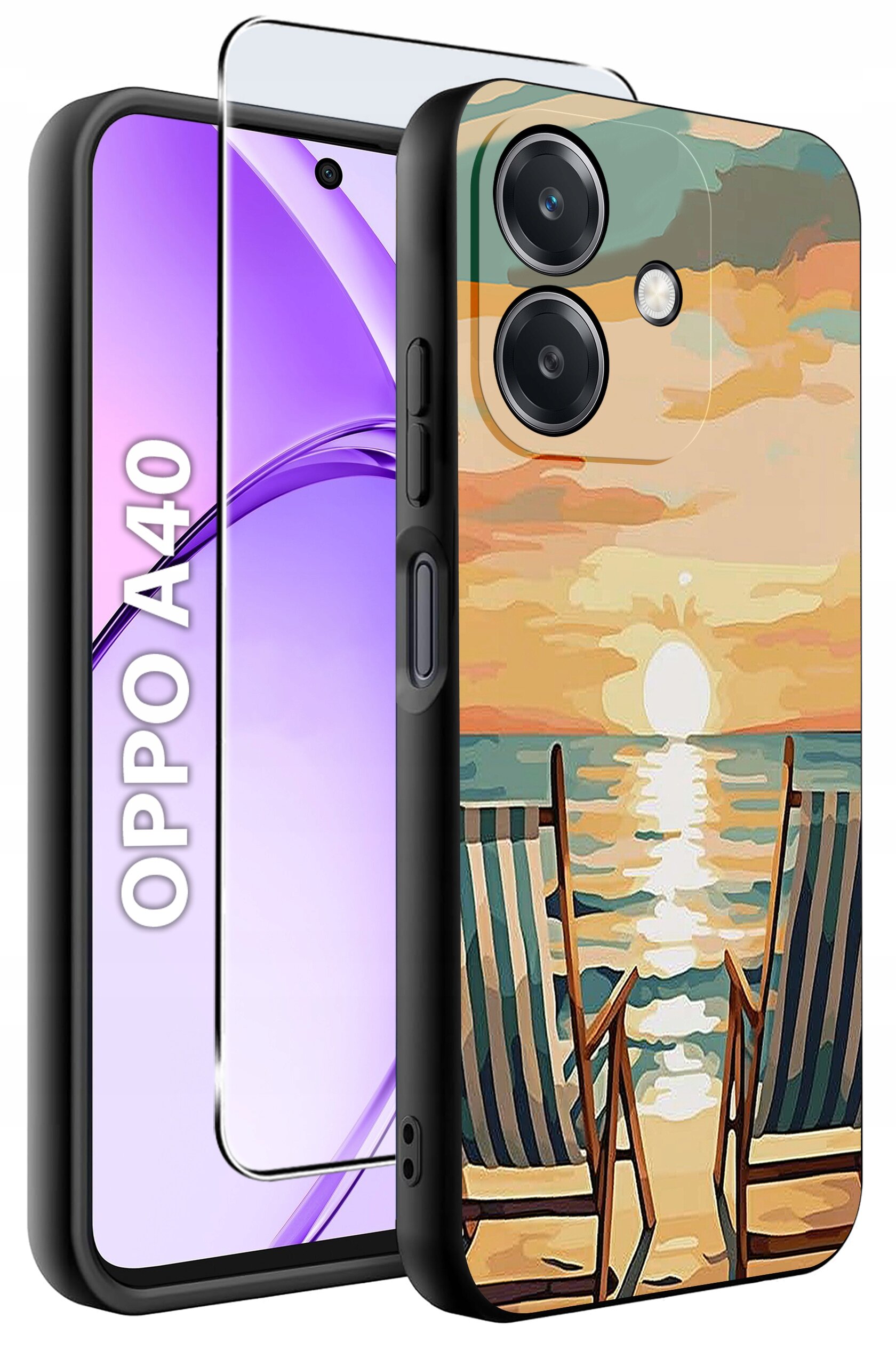 Etui do telefonu z nadrukiem przedstawiającym zachód słońca nad morzem z dwoma leżakami. Obok widoczny jest telefon z napisem \'OPPO A40\'.