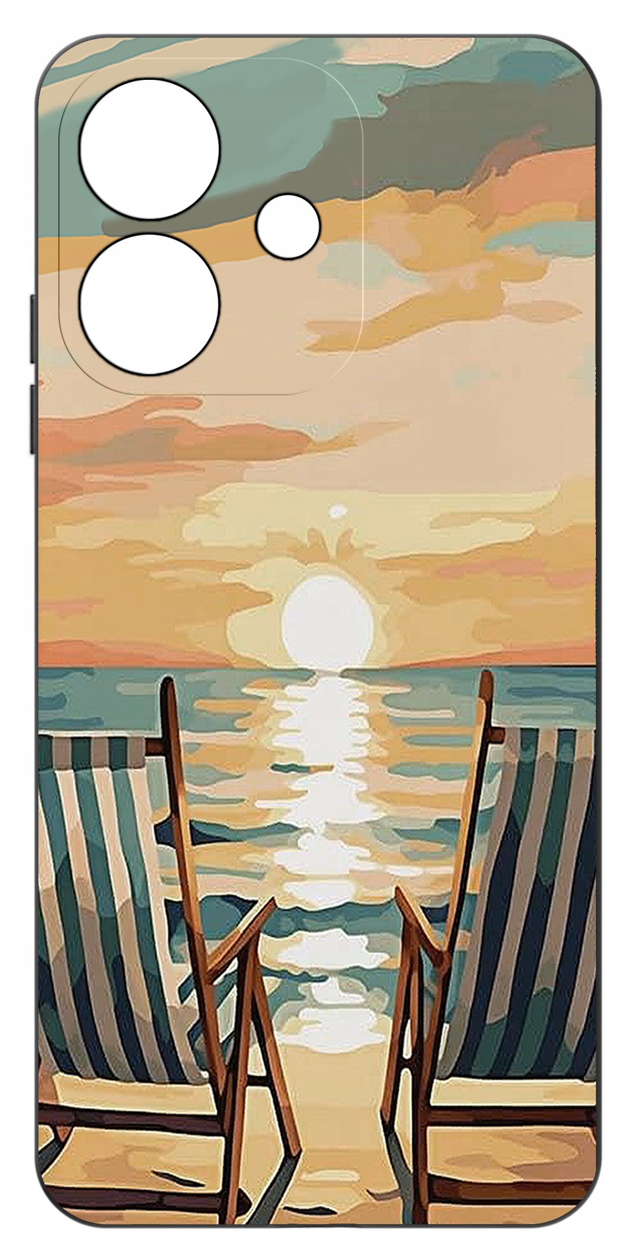 Etui na telefon z nadrukiem przedstawiającym dwa leżaki na plaży skierowane w stronę zachodzącego słońca nad morzem. Kolory są pastelowe, dominują odcienie niebieskiego, pomarańczowego i beżowego.