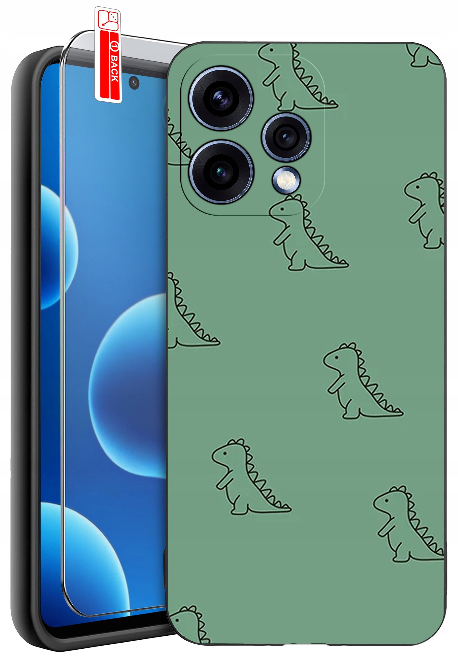 Obraz przedstawia zielone etui na telefon z wzorem małych dinozaurów oraz szkło ochronne z napisem \'BACK\'.