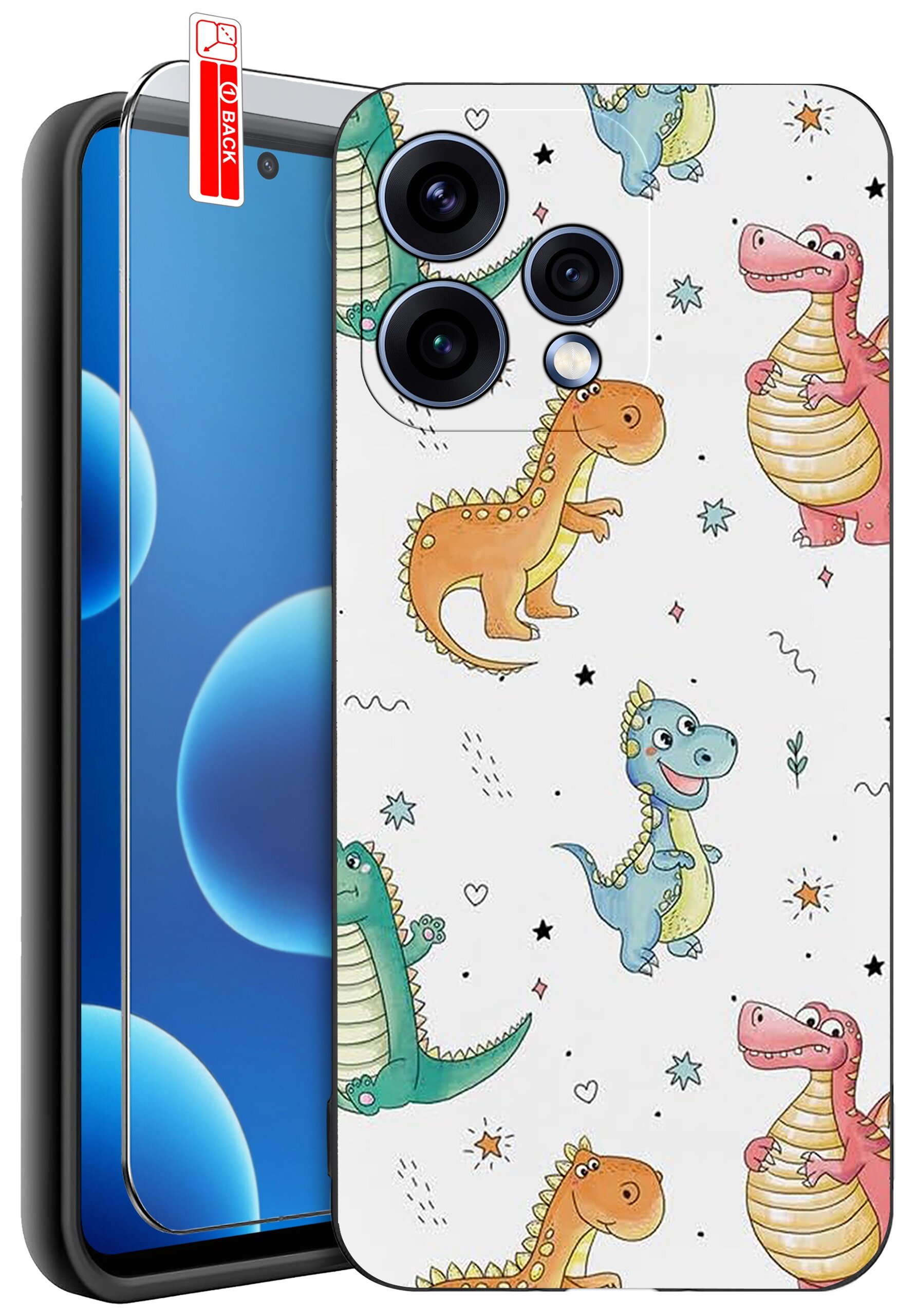 Etui na telefon z kolorowymi wzorami dinozaurów, wykonane z matowego silikonu. Obok etui znajduje się szkło ochronne 9H z oznaczeniem \'BACK\'.