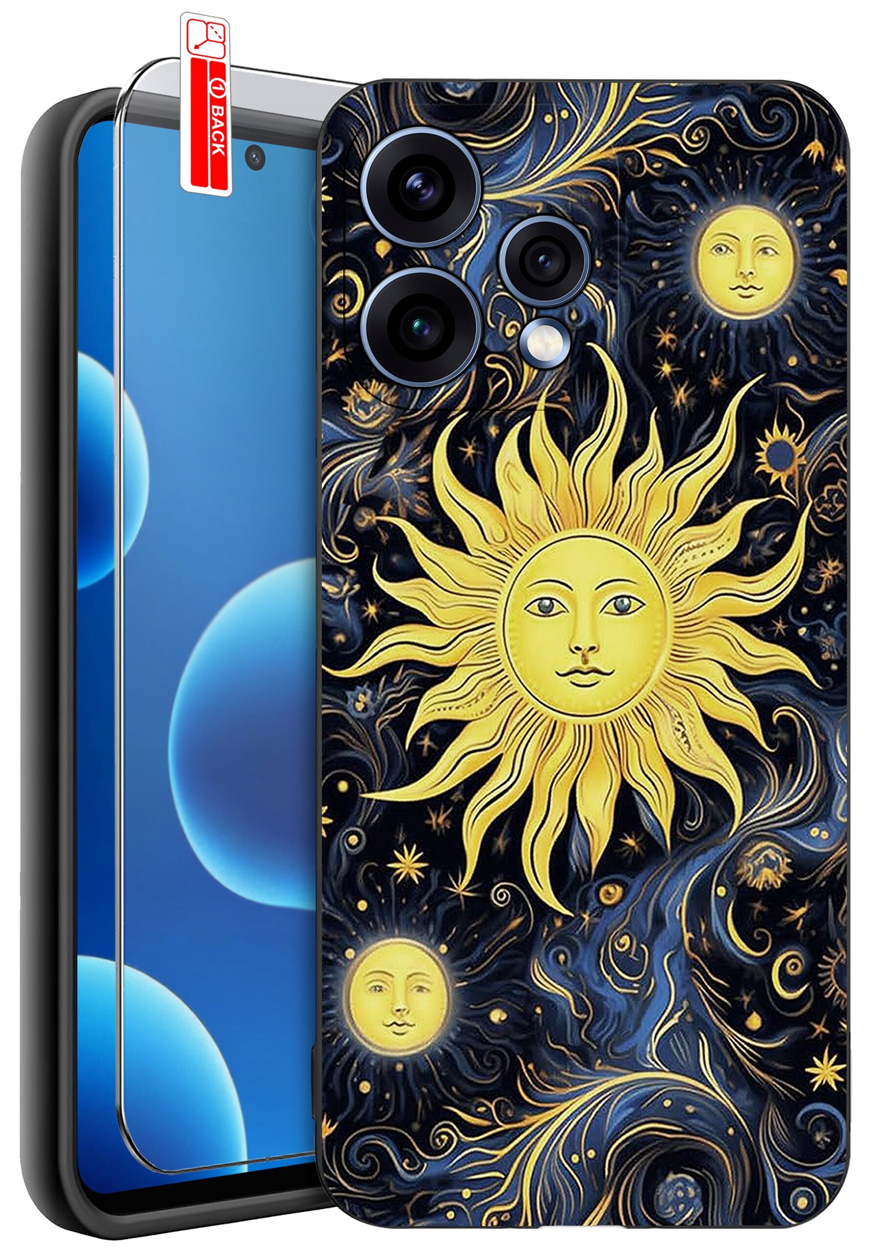 Etui na telefon z wzorem przedstawiającym żółte słońca na ciemnym, ozdobnym tle. Obok etui znajduje się szkło ochronne z oznaczeniem \'BACK\'.