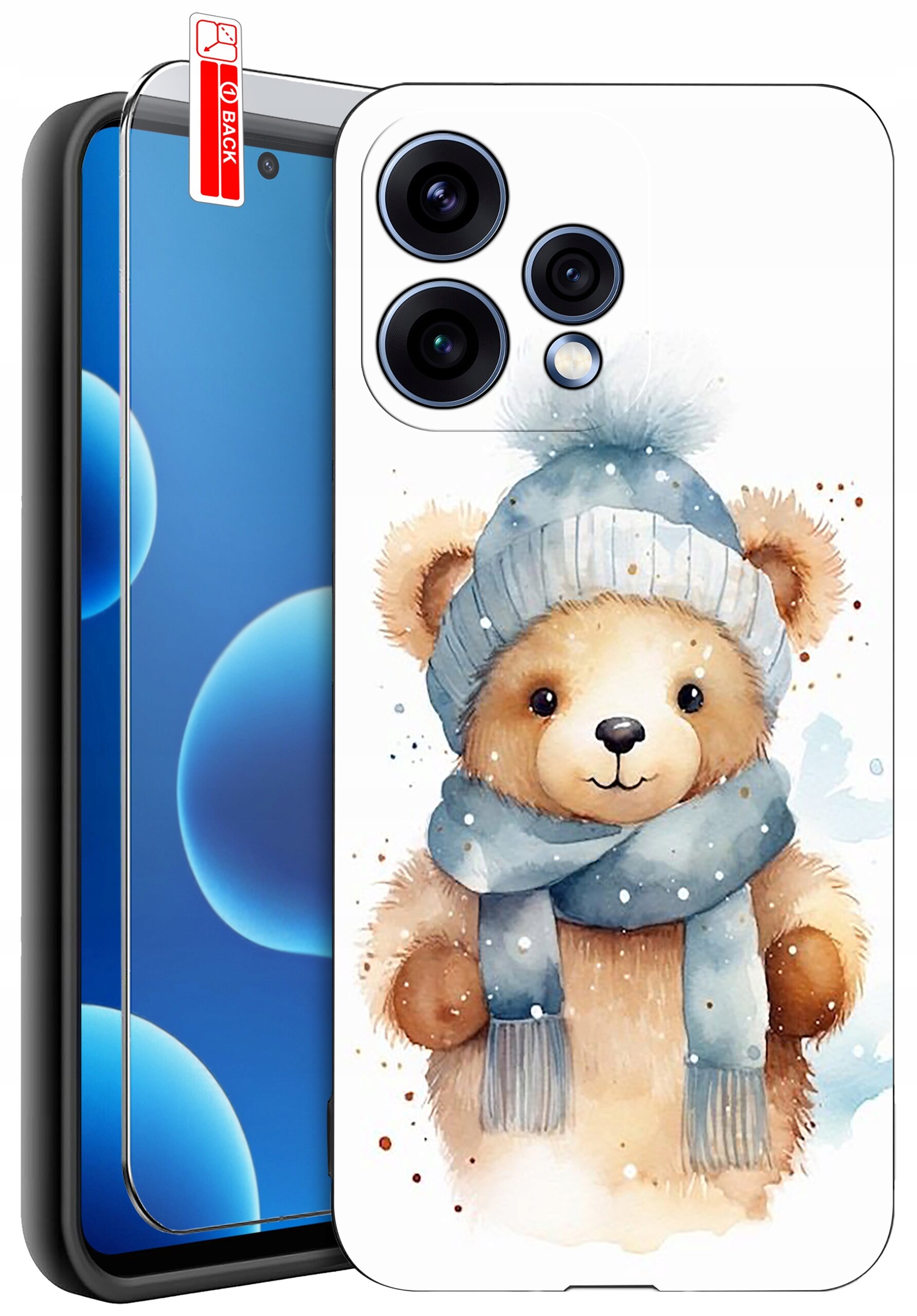 Etui na telefon z nadrukiem misia w czapce i szaliku, obok widoczny ekran telefonu z niebieskimi bąbelkami. Na etui znajduje się napis \'BACK\'.