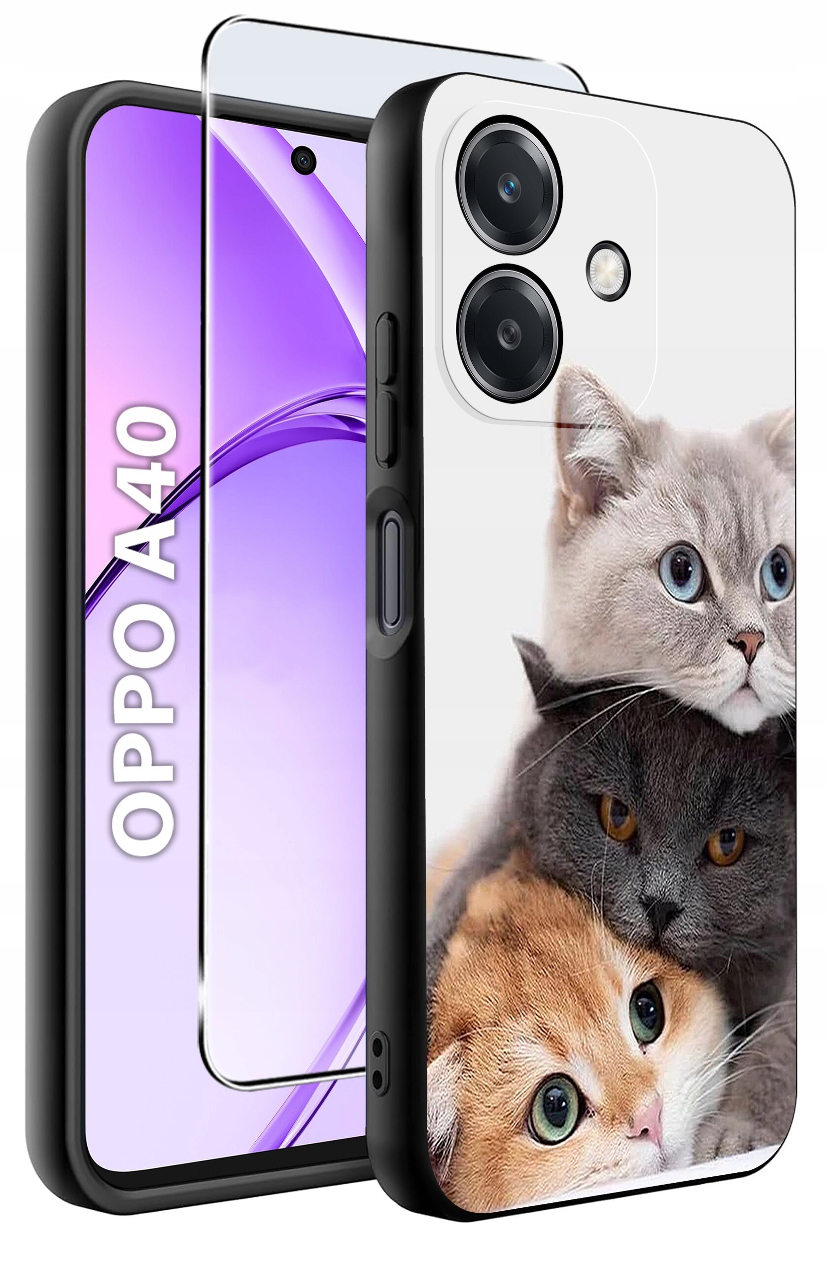 Etui na telefon z trzema kotami na tylnej części, obok widoczny telefon z napisem \'OPPO A40\'.