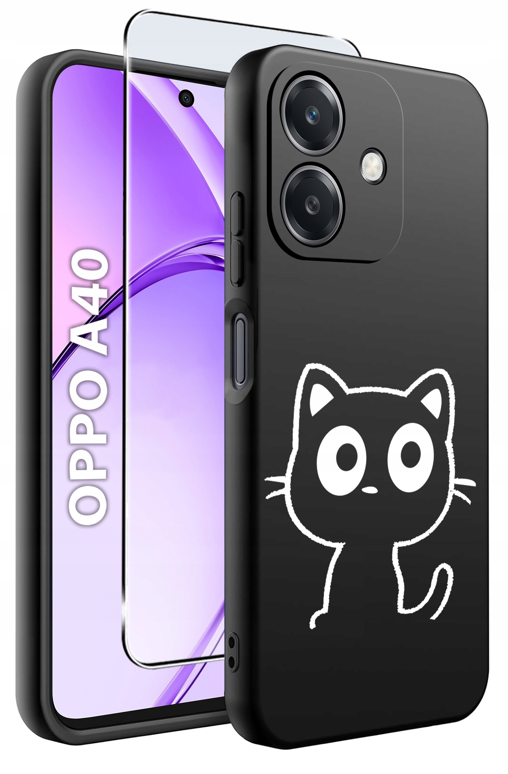 Obraz przedstawia czarne etui z białym rysunkiem kota, przeznaczone do telefonu Oppo A40. Obok etui widoczny jest telefon z napisem \'OPPO A40\' oraz szkło ochronne.