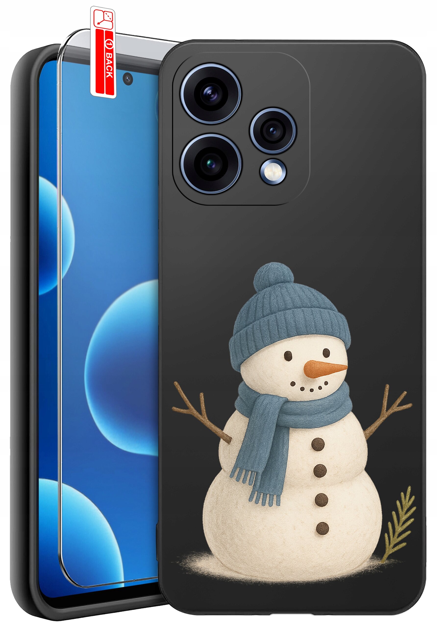Etui na telefon z nadrukiem bałwana w niebieskiej czapce i szaliku, z trzema aparatami fotograficznymi. Obok znajduje się szkło ochronne z napisem \'BACK\'.