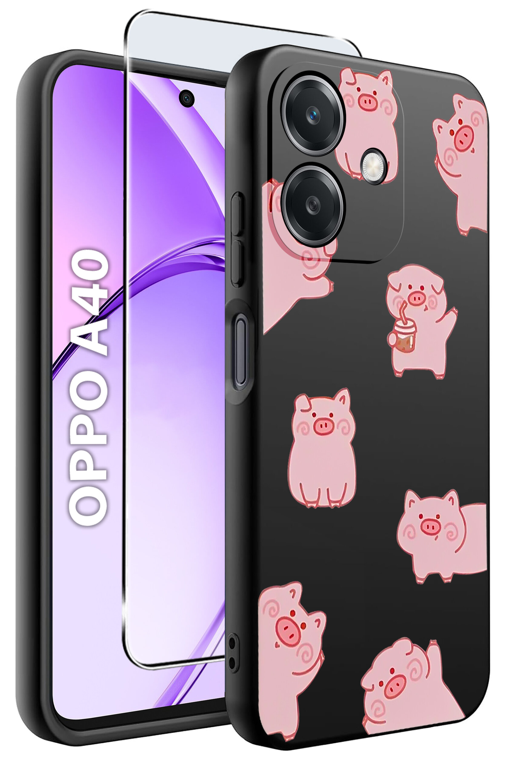 Obraz przedstawia etui na telefon z motywem różowych świnek na czarnym tle oraz szkło ochronne. Obok widoczny jest telefon z napisem \'OPPO A40\' na ekranie.