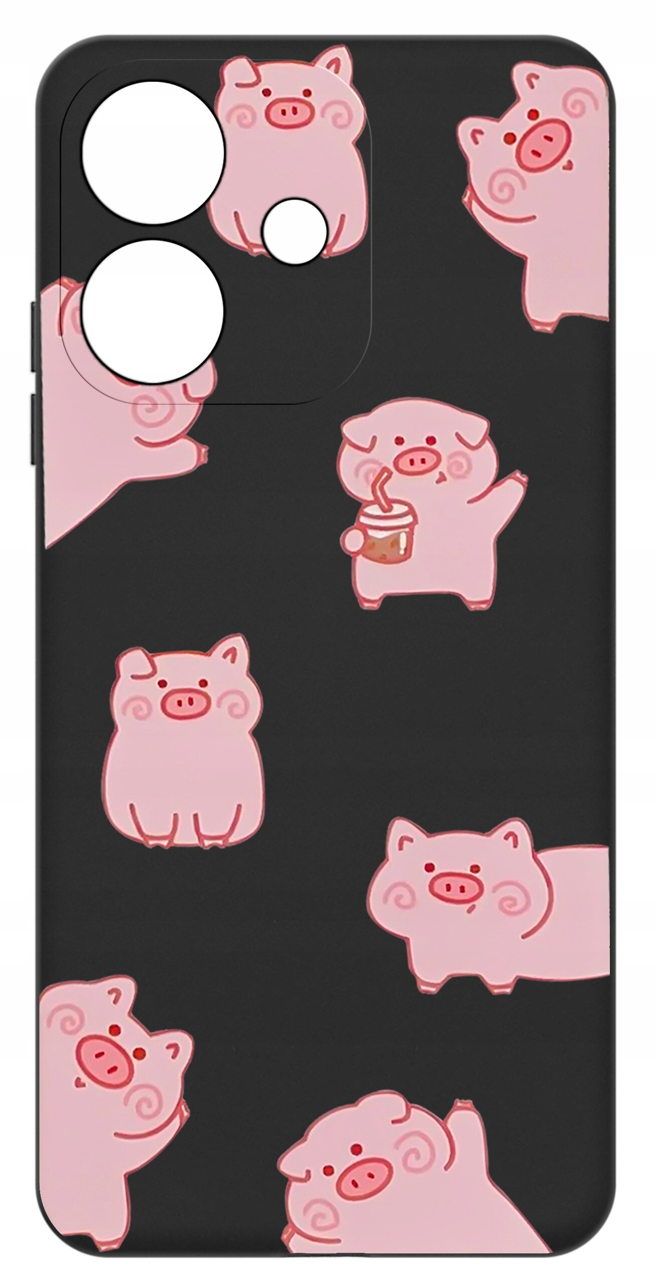 Etui na telefon z czarnym tłem ozdobione różowymi grafikami świnek w różnych pozach.
