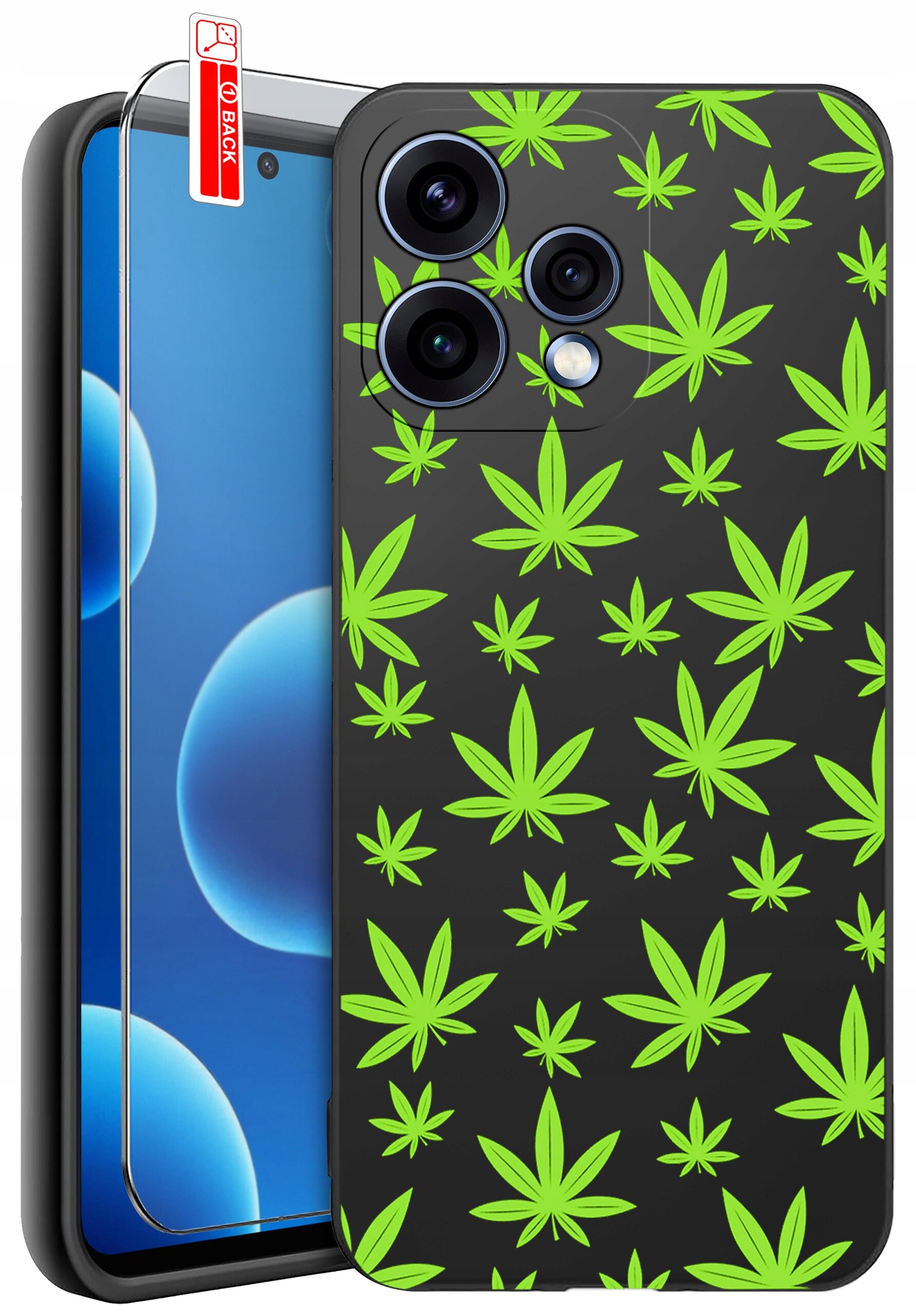 Etui na telefon z czarnym tłem ozdobione zielonymi wzorami liści. Obok znajduje się szkło ochronne z napisem \'BACK\'.