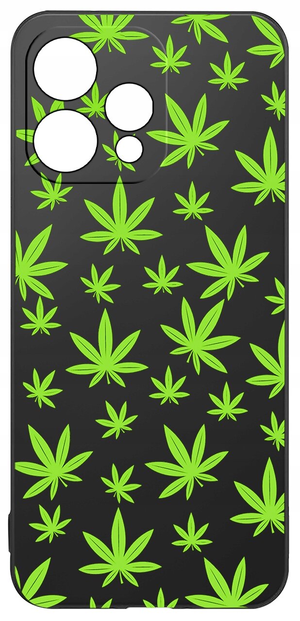 Czarne etui na telefon z zielonym wzorem liści. Etui posiada wycięcia na cztery obiektywy aparatu.