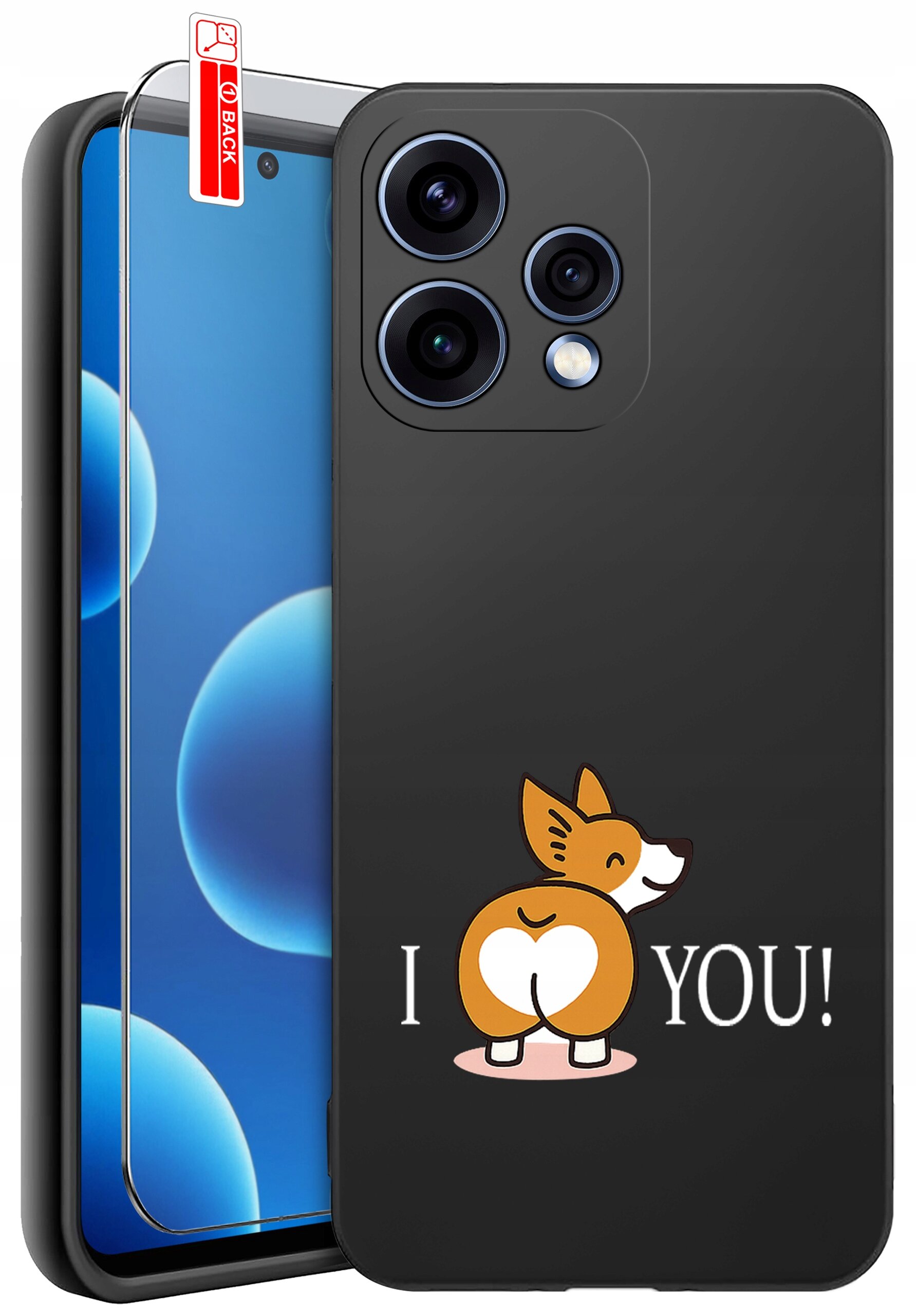 Czarne etui na telefon z nadrukiem psa i napisem \'I ❤️ YOU!\'. Obok etui znajduje się szkło ochronne z oznaczeniem \'BACK\'.