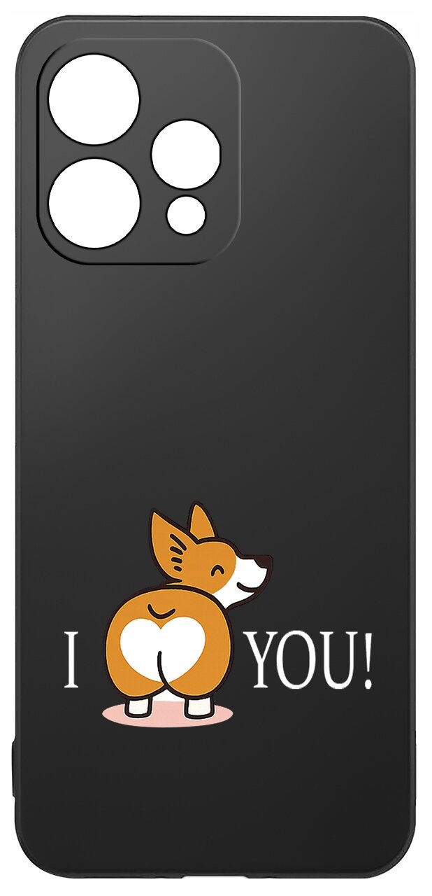 Czarne etui z nadrukiem psa z sercem na tylnej części ciała oraz napisem \'I ❤️ YOU!\'.