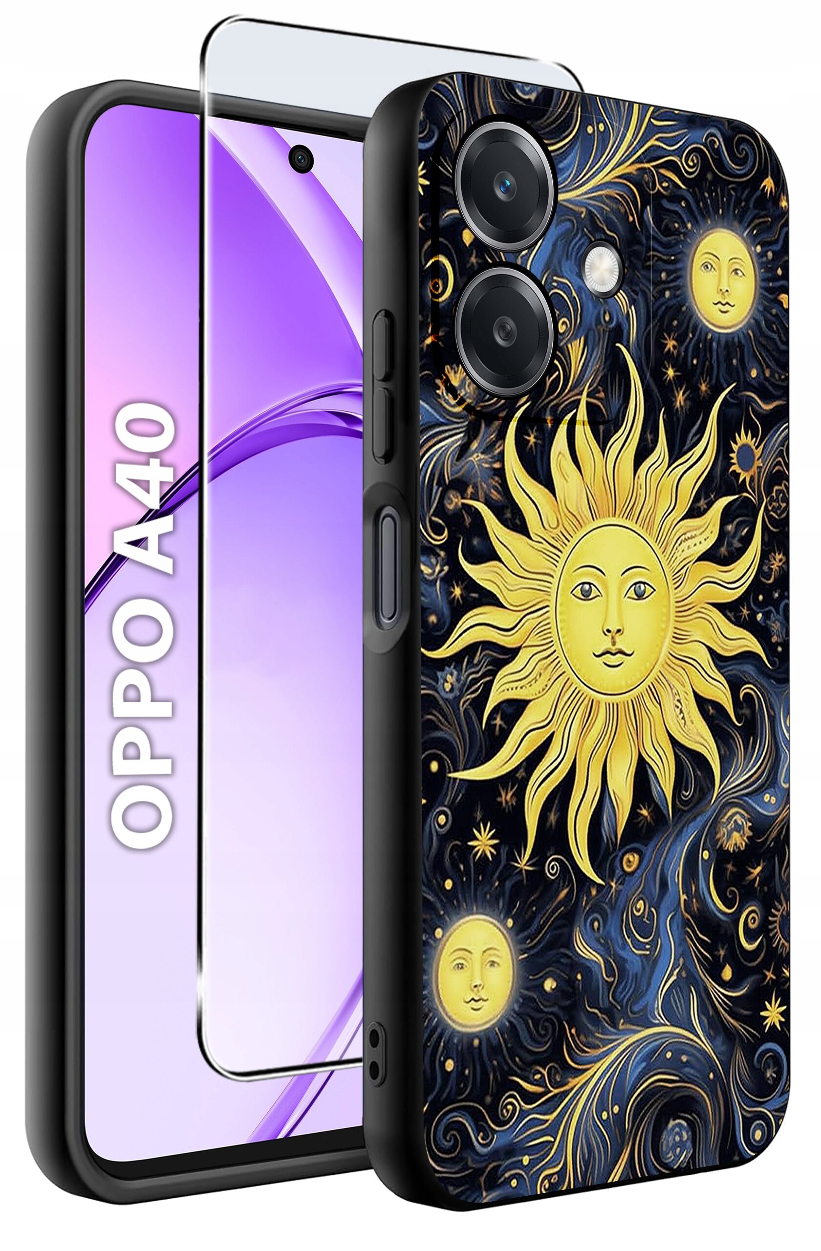Obraz przedstawia etui na telefon z motywem słońca i gwiazd na ciemnym tle oraz szkło ochronne. Obok widoczny jest telefon z napisem \'OPPO A40\'.
