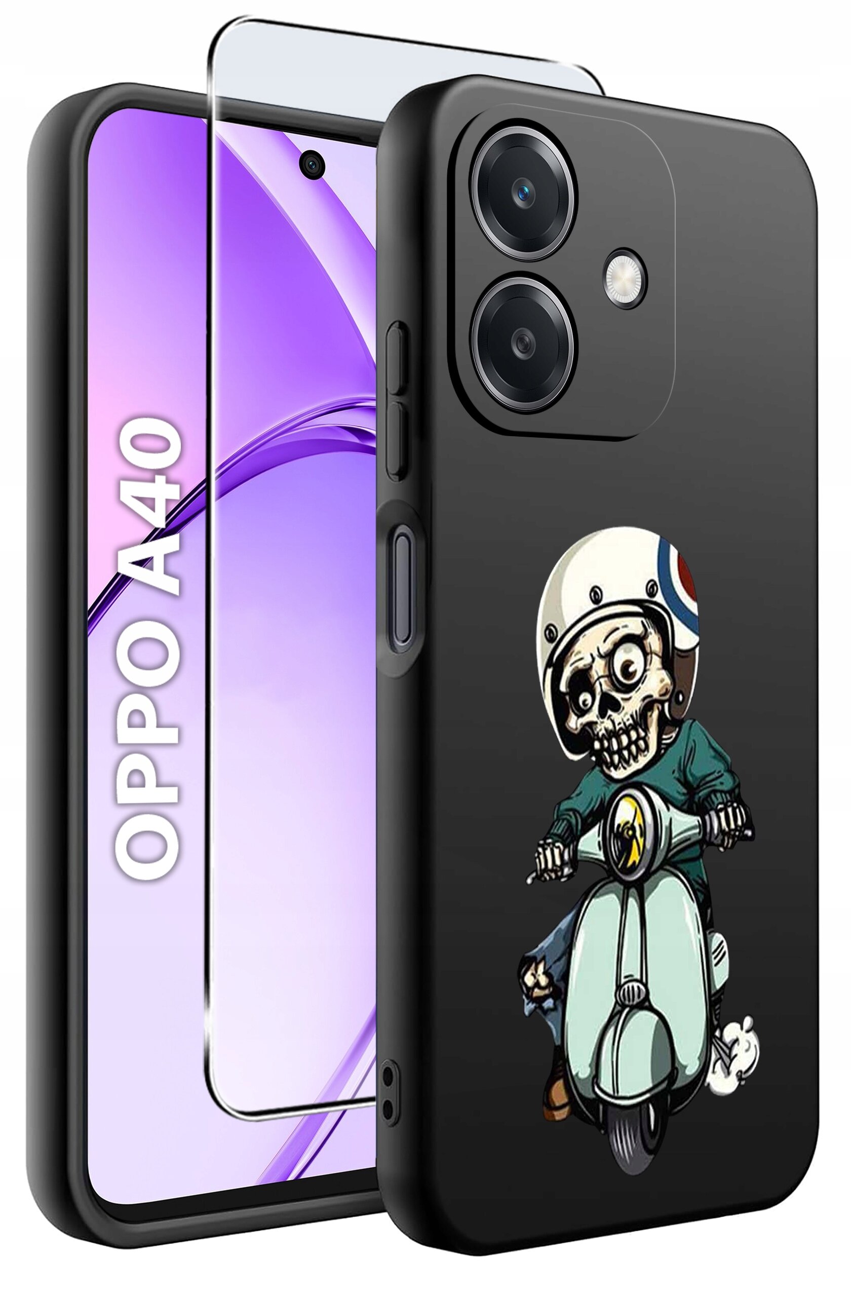 Obraz przedstawia czarne etui na telefon z nadrukiem postaci na skuterze oraz szkło ochronne. Obok widoczny jest telefon z napisem \'OPPO A40\' na ekranie.