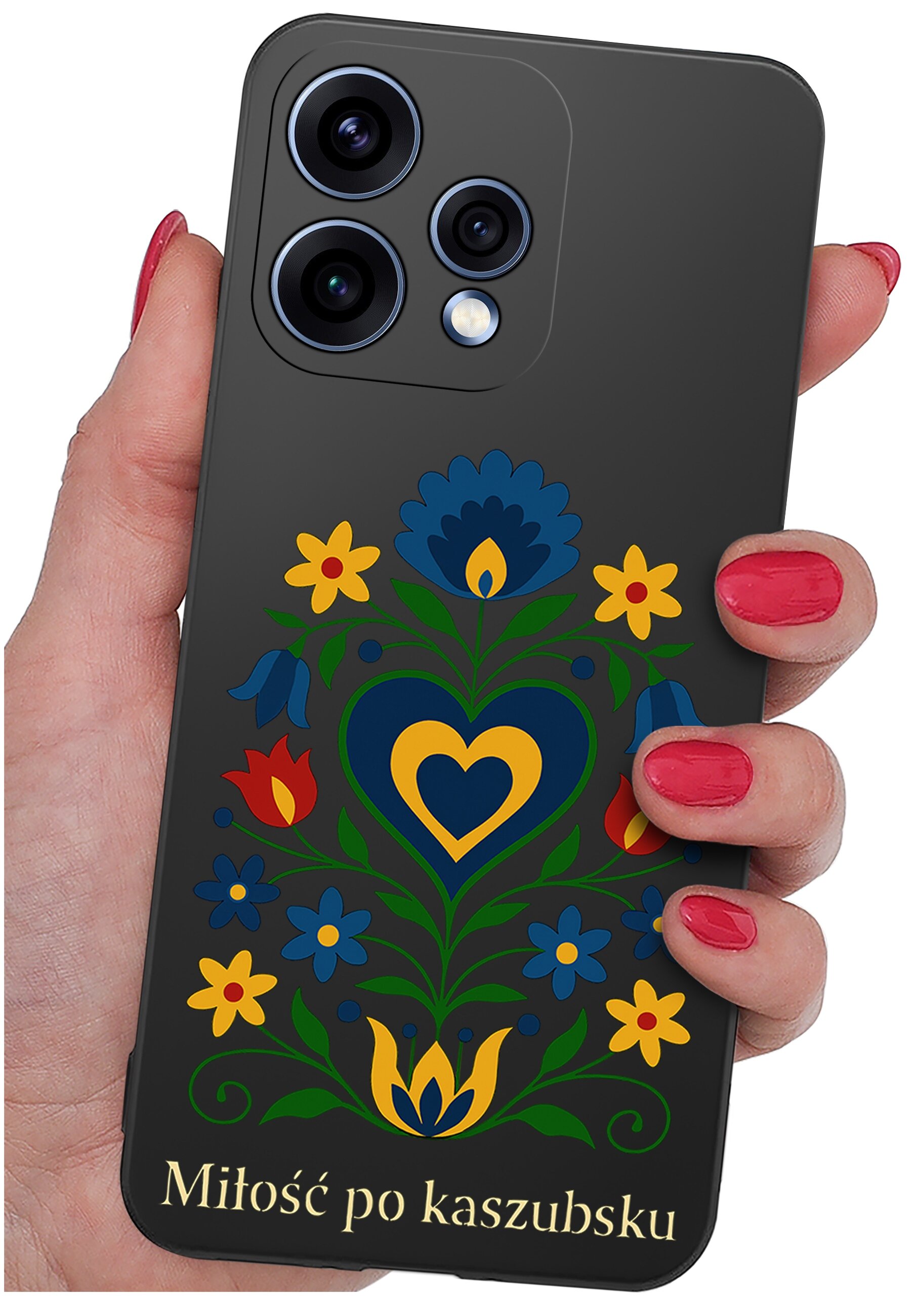 Etui na telefon z kolorowym, ludowym wzorem kwiatowym i napisem \'Miłość po kaszubsku\'.