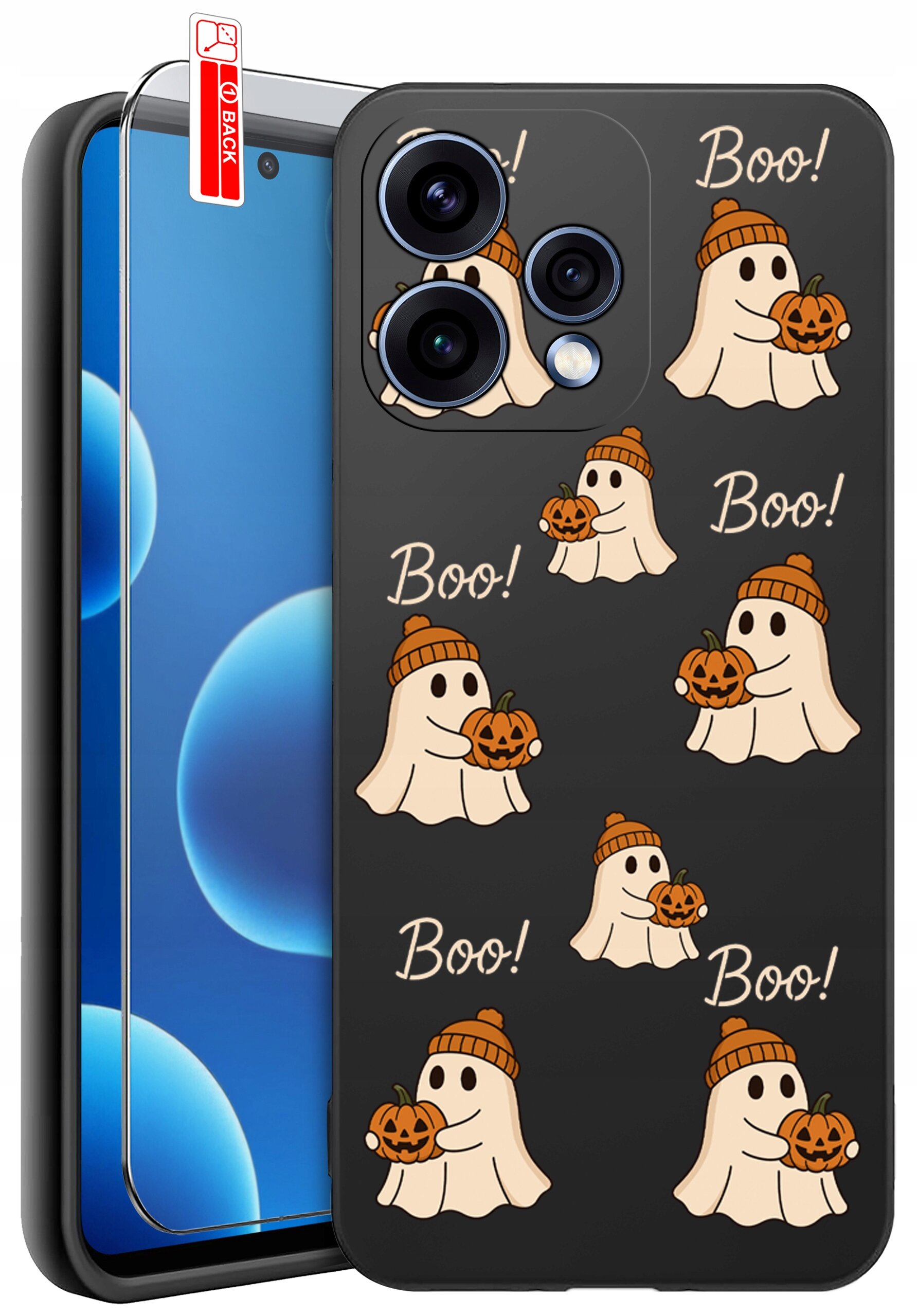 Etui na telefon z motywem duchów trzymających dynie, z napisem \'Boo!\' na czarnym tle. Obok etui znajduje się szkło ochronne z oznaczeniem \'BACK\'.