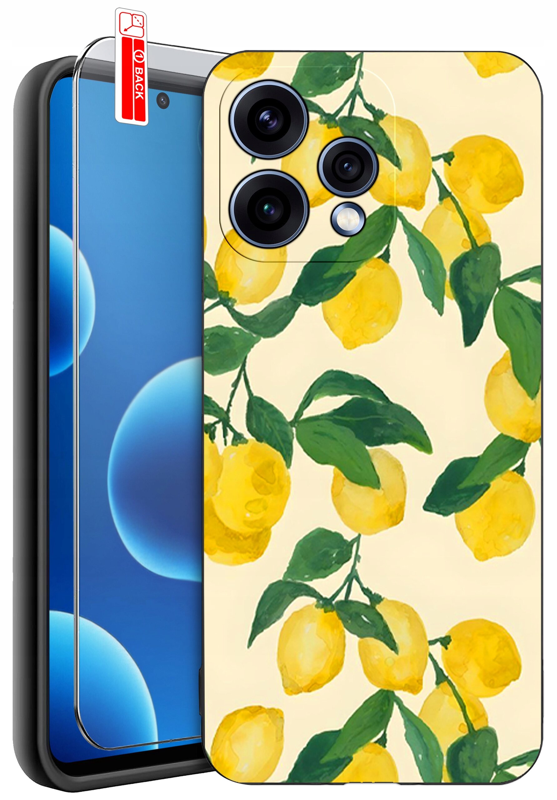 Etui na telefon z wzorem cytryn i zielonych liści, obok którego znajduje się szkło ochronne z napisem \'BACK\'.