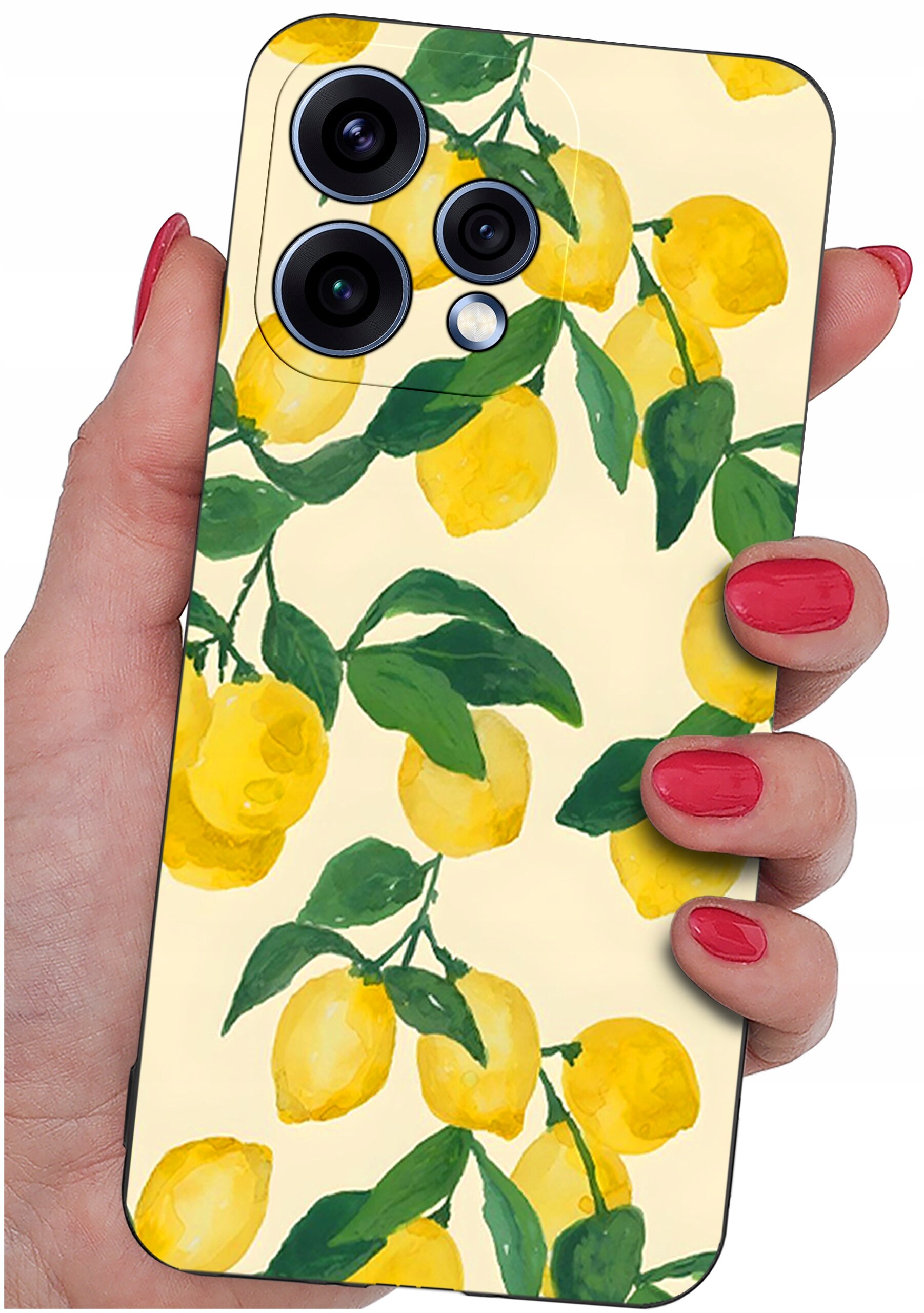 Etui na telefon z wzorem cytryn i zielonych liści, trzymane w dłoni z pomalowanymi na czerwono paznokciami. Widoczne są trzy obiektywy aparatu oraz napis \'48MP\'.