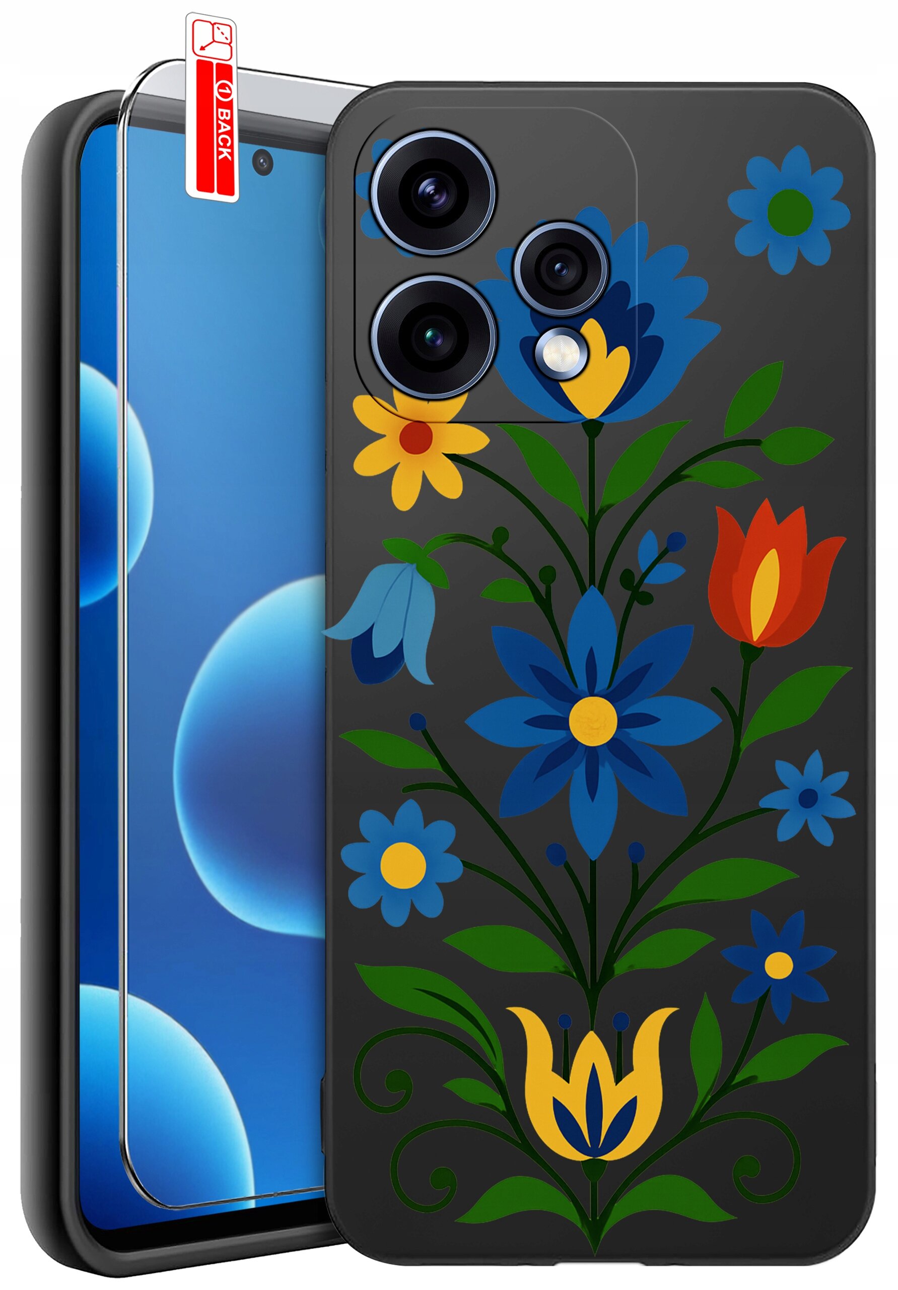 Etui na telefon z kolorowym wzorem kwiatowym na ciemnym tle, obok znajduje się szkło ochronne z napisem \'BACK\'.
