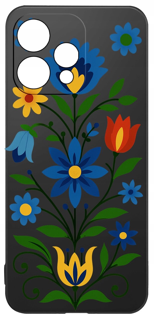 Etui na telefon z kolorowym, kwiatowym wzorem na ciemnym tle, z wycięciami na aparat.