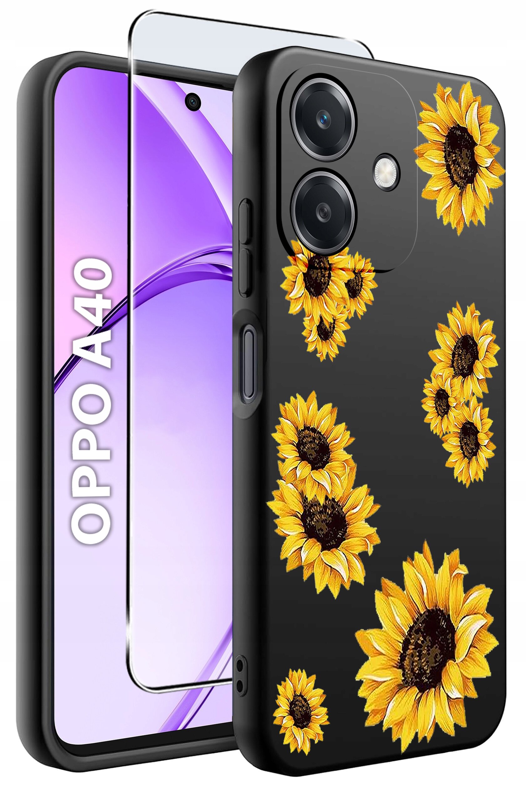 Obraz przedstawia czarne etui na telefon z motywem żółtych słoneczników oraz szkło ochronne. Obok widoczny jest telefon z napisem \'OPPO A40\' na ekranie.