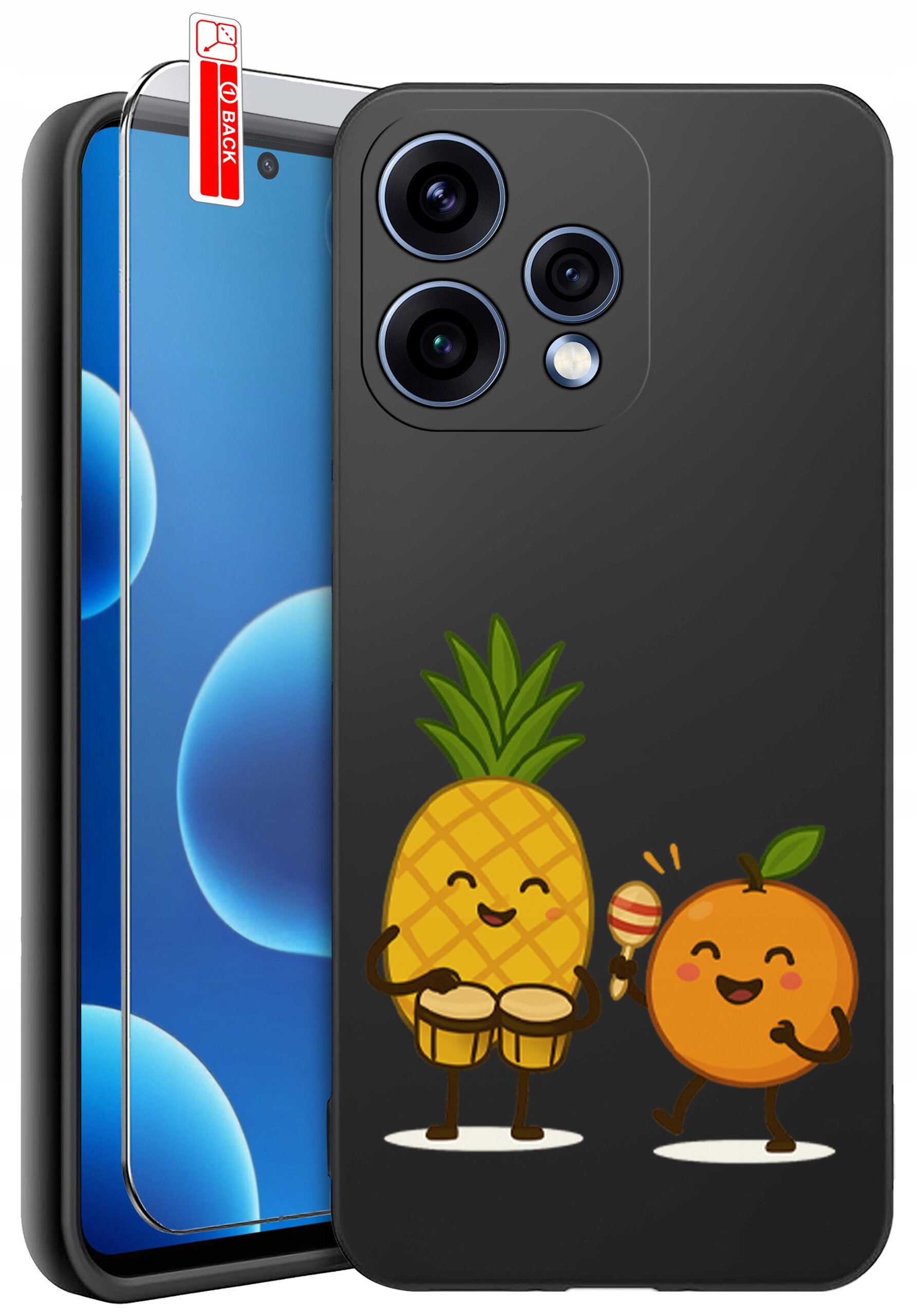 Etui na telefon z grafiką ananasa grającego na bębnach i pomarańczy z marakasem. Obok etui znajduje się szkło ochronne z naklejką \'BACK\'.