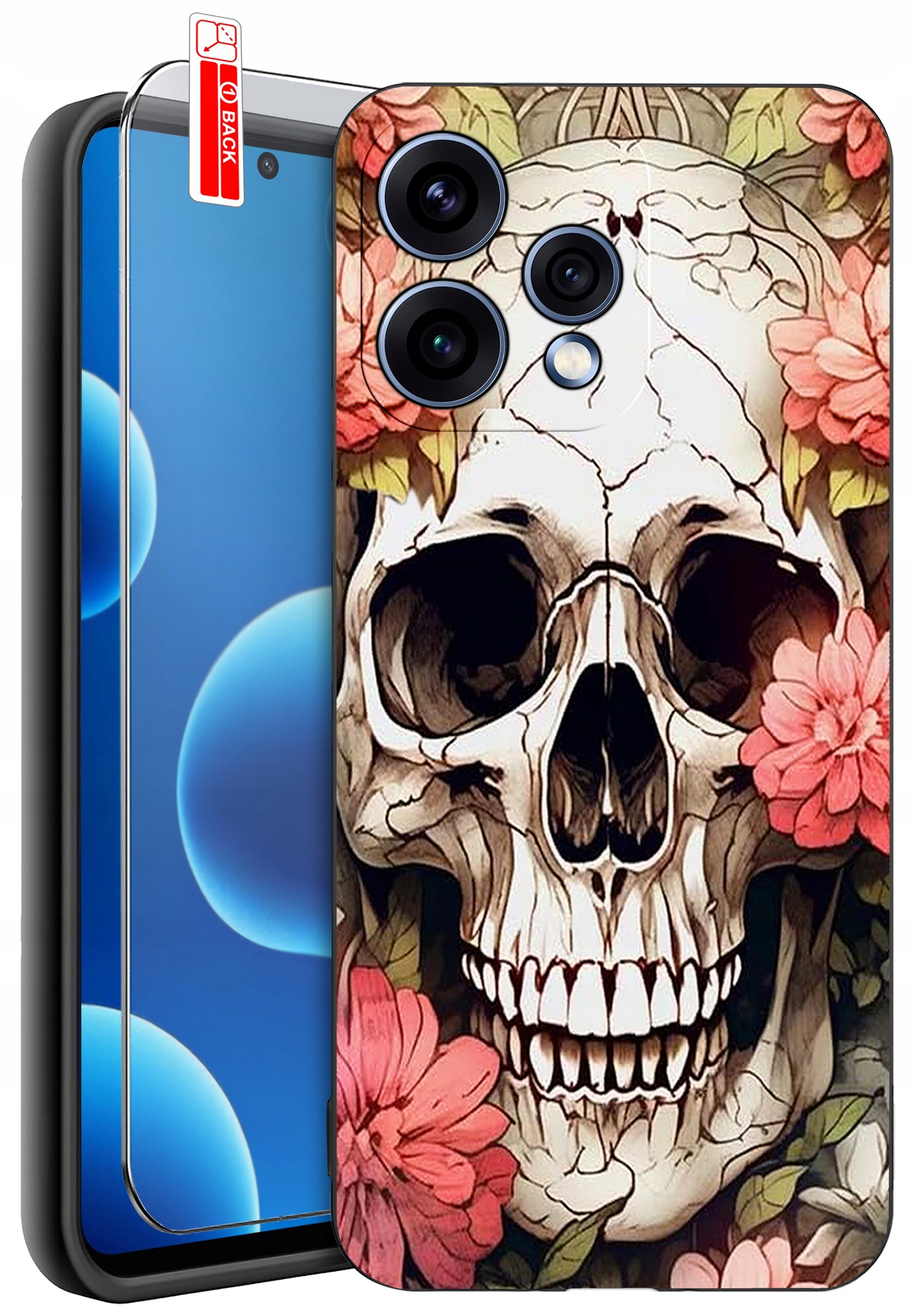 Etui na telefon z motywem czaszki otoczonej kwiatami, obok znajduje się szkło ochronne z napisem \'BACK\'.