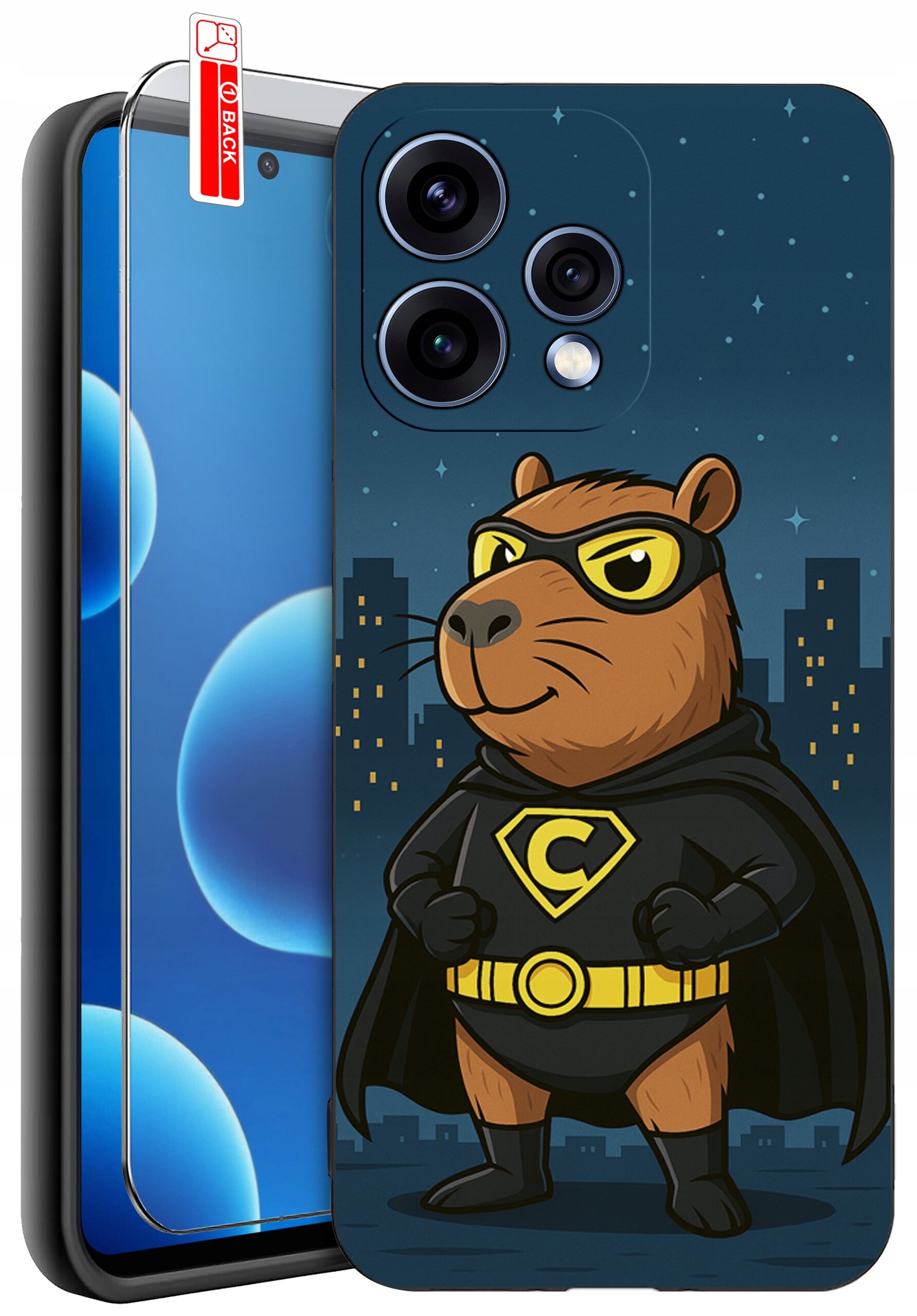 Etui na telefon z nadrukiem superbohatera w postaci zwierzęcia w masce i pelerynie na tle nocnego miasta. Obok etui znajduje się szkło ochronne z oznaczeniem \'BACK\'.