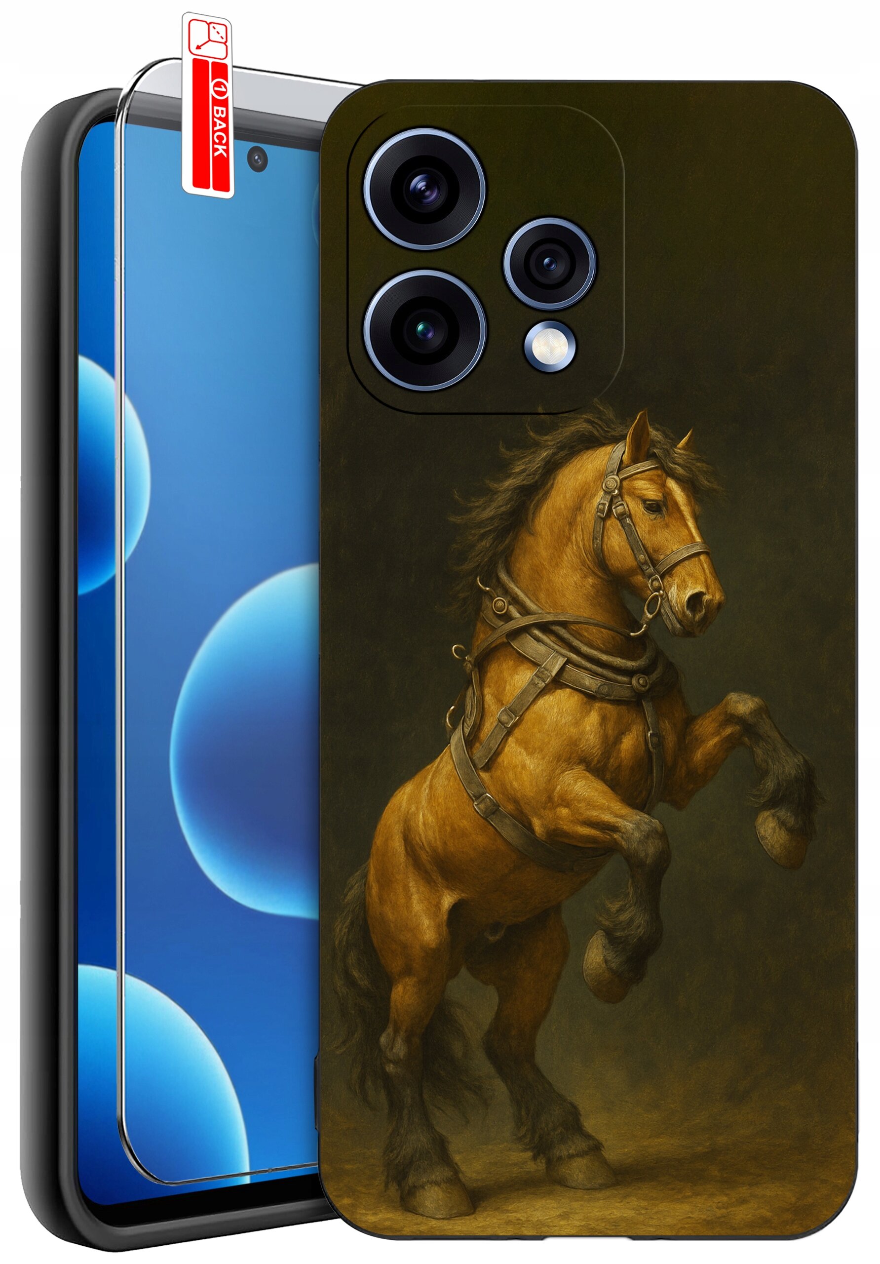 Etui na telefon z nadrukiem konia w galopie, obok widoczne szkło ochronne z oznaczeniem \'BACK\'.