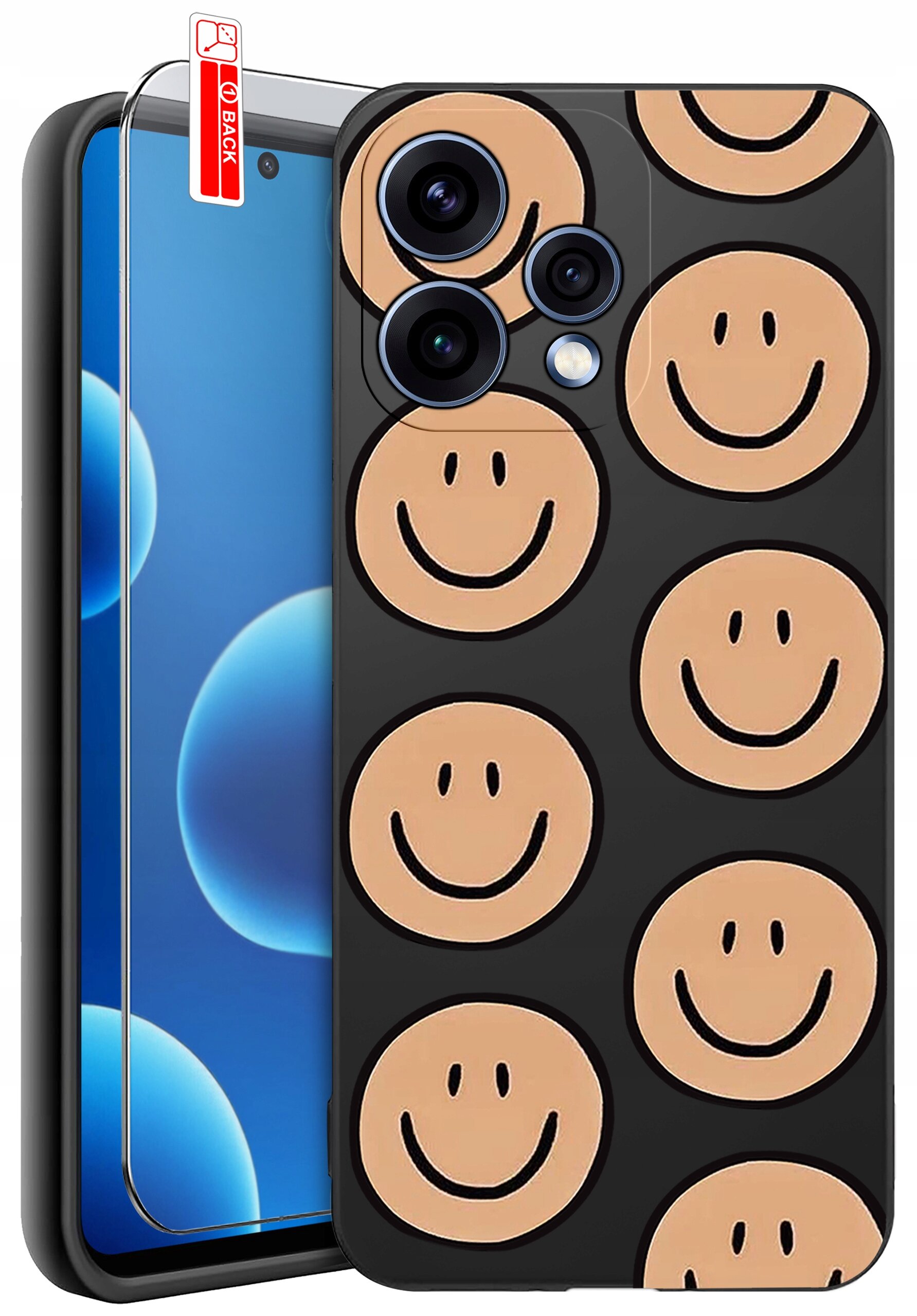 Obraz przedstawia etui na telefon z wzorem uśmiechniętych buziek na czarnym tle oraz szkło ochronne z napisem \'BACK\'.