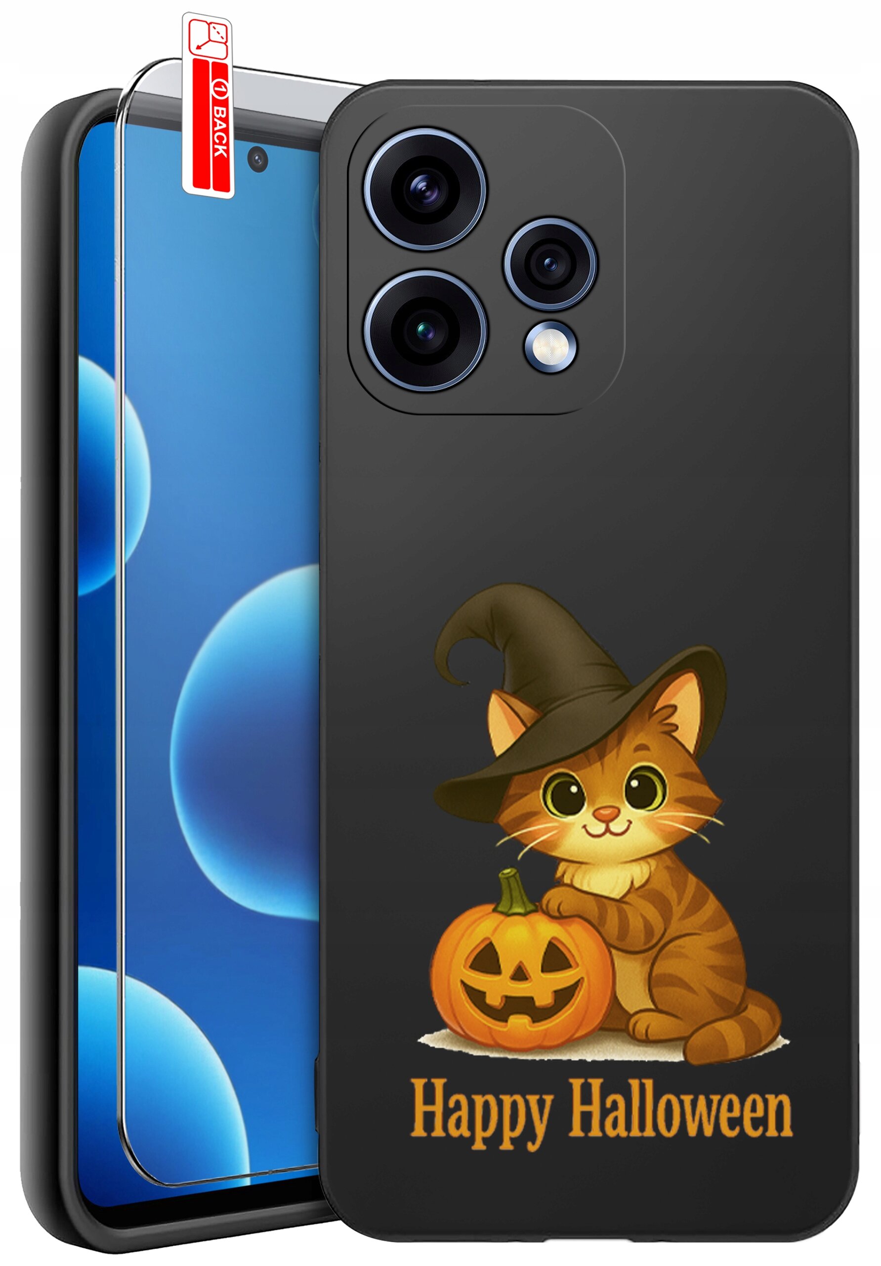 Etui na telefon z grafiką kota w czarowniczym kapeluszu obok dyni oraz napisem \'Happy Halloween\'. Obok etui znajduje się szkło ochronne z oznaczeniem \'BACK\'.