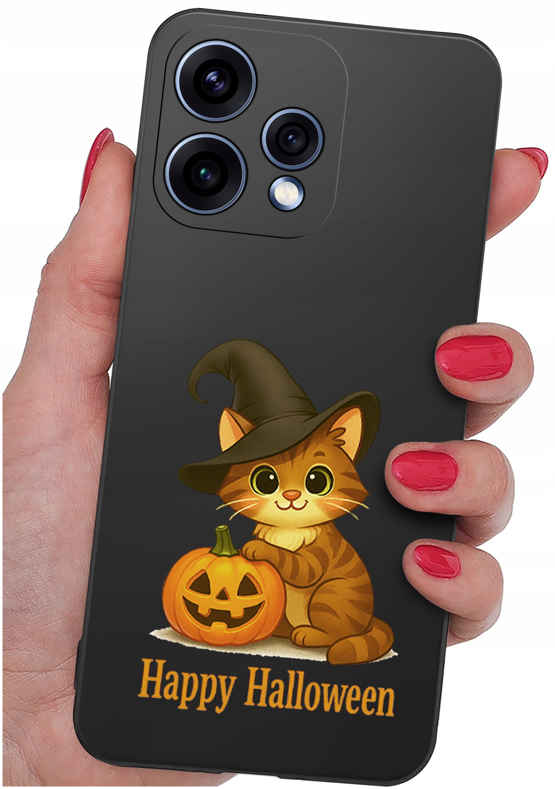 Etui na telefon z grafiką kota w kapeluszu czarownicy obok dyni oraz napisem \'Happy Halloween\'.