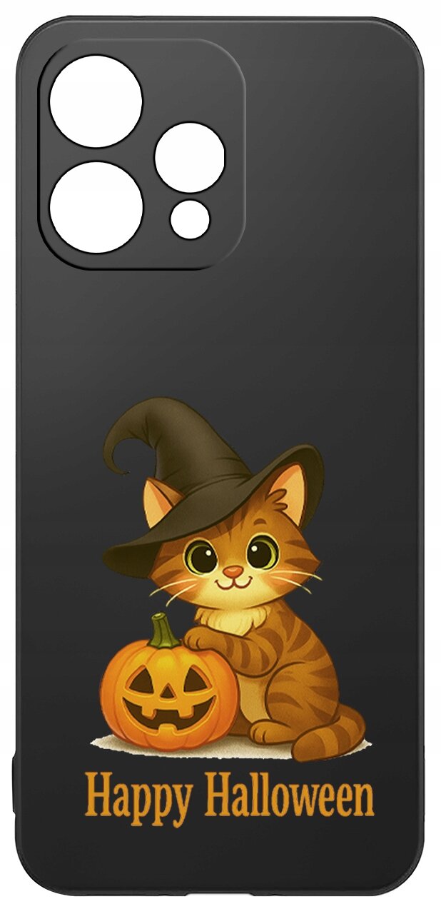 Czarne etui z grafiką kota w kapeluszu czarownicy, siedzącego obok dyni z wyciętą twarzą. Na dole widnieje napis \'Happy Halloween\'.