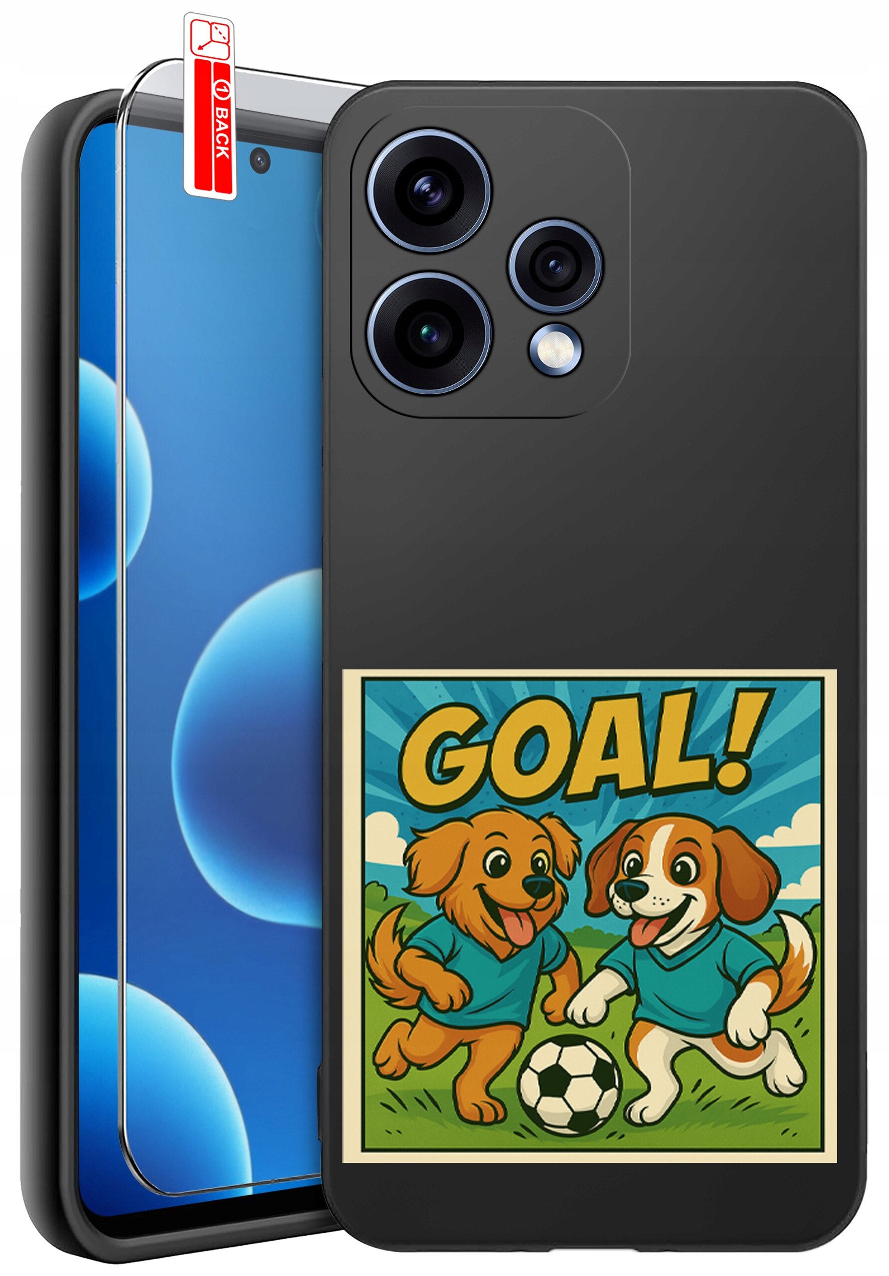 Czarne etui na telefon z grafiką przedstawiającą dwa psy w niebieskich koszulkach grające w piłkę, z napisem \'GOAL!\'. Obok etui znajduje się szkło ochronne z oznaczeniem \'BACK\'.