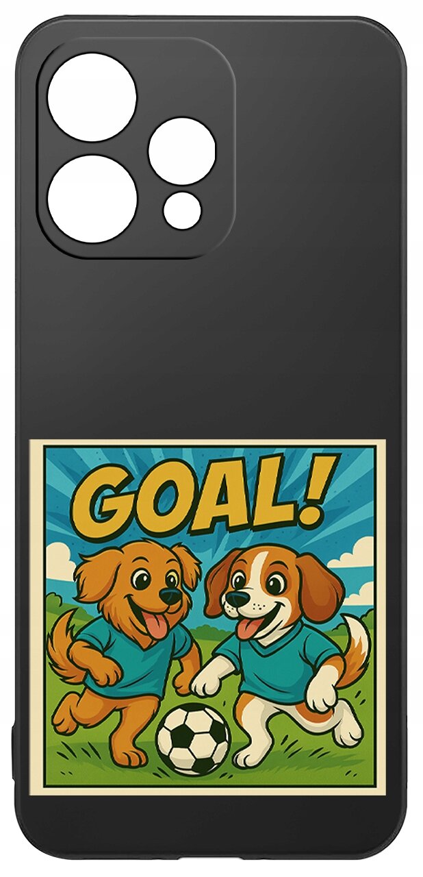 Czarne etui na telefon z grafiką przedstawiającą dwa rysunkowe psy w niebieskich koszulkach, grające w piłkę na tle nieba i trawy. Nad nimi widnieje napis \'GOAL!\'.