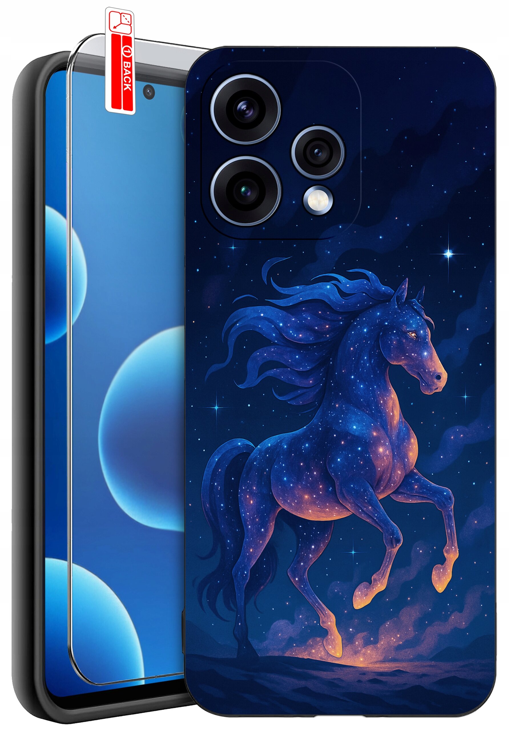 Etui na telefon z motywem galopującego konia na tle gwiaździstego nieba. Obok widoczne jest szkło ochronne z oznaczeniem \'BACK\'.