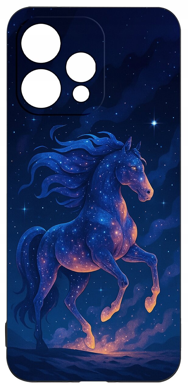 Etui na telefon z grafiką przedstawiającą konia w galopie na tle nocnego nieba pełnego gwiazd. Kolory dominujące to odcienie niebieskiego i fioletu.