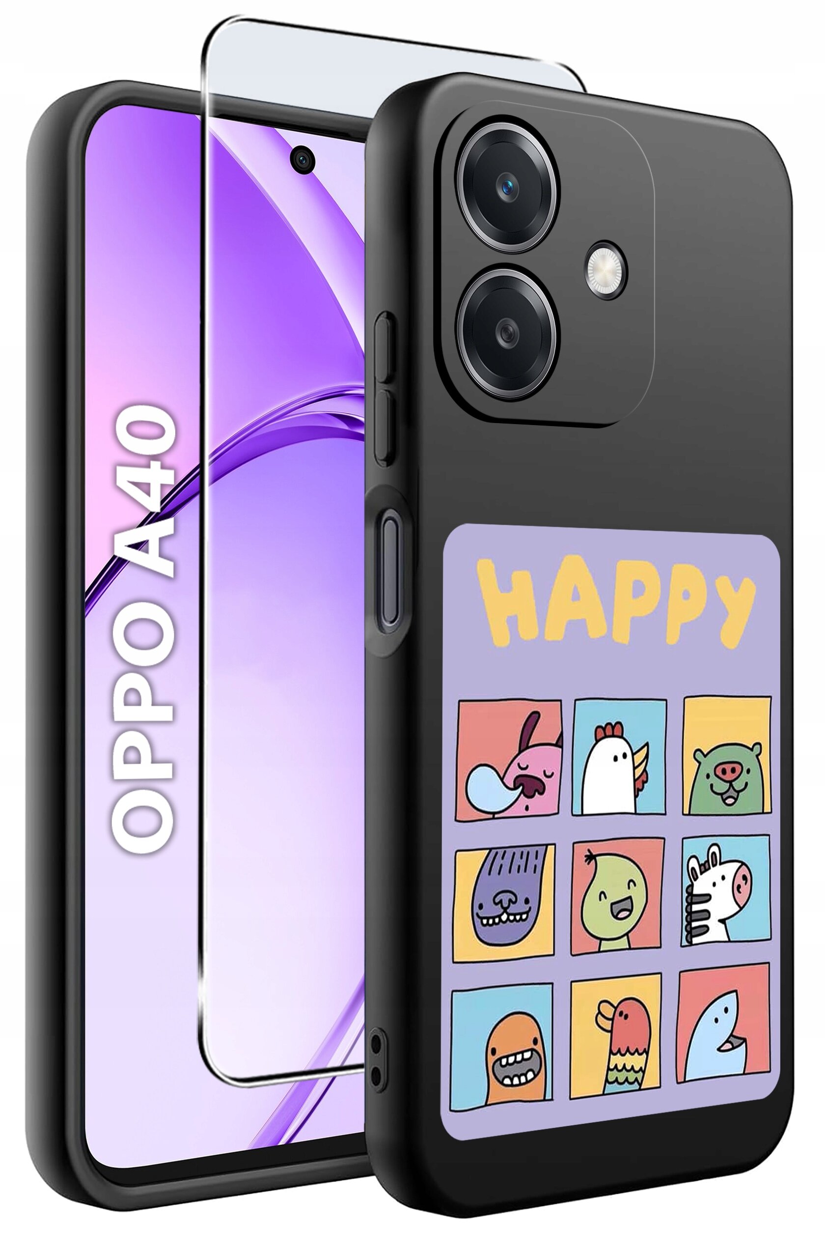 Obraz przedstawia czarne etui na telefon z kolorowym wzorem przedstawiającym dziewięć rysunkowych postaci zwierząt oraz napis \'HAPPY\'. Obok etui widoczny jest telefon z napisem \'OPPO A40\' na ekranie oraz szkło ochronne.