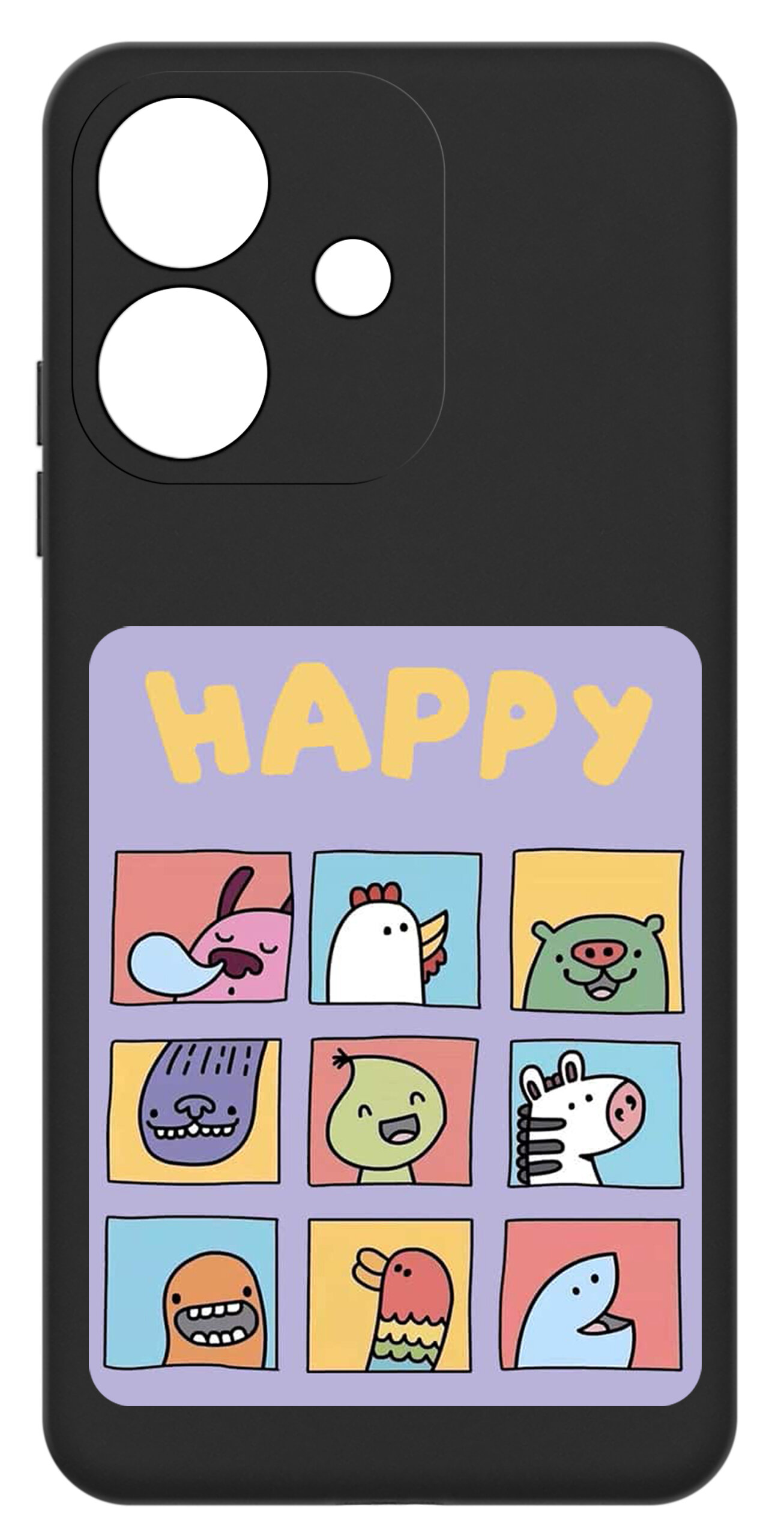 Czarne etui z kolorowym nadrukiem przedstawiającym dziewięć kwadratów z rysunkami zwierząt i napisem \'HAPPY\' na górze. Każdy kwadrat ma inny kolor tła i zawiera prosty rysunek zwierzęcia.