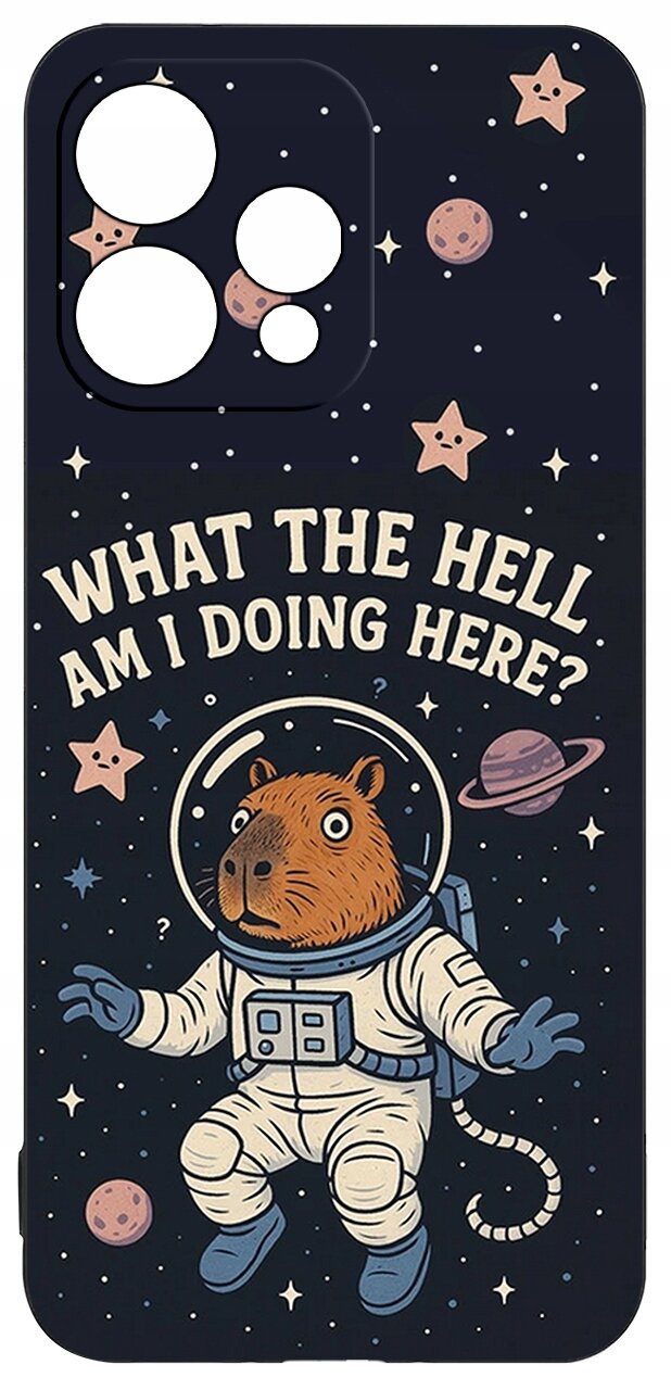 Etui z nadrukiem przedstawiającym zwierzę w skafandrze kosmicznym na tle gwiazd i planet. Na górze widnieje tekst: \'WHAT THE HELL AM I DOING HERE?\'.