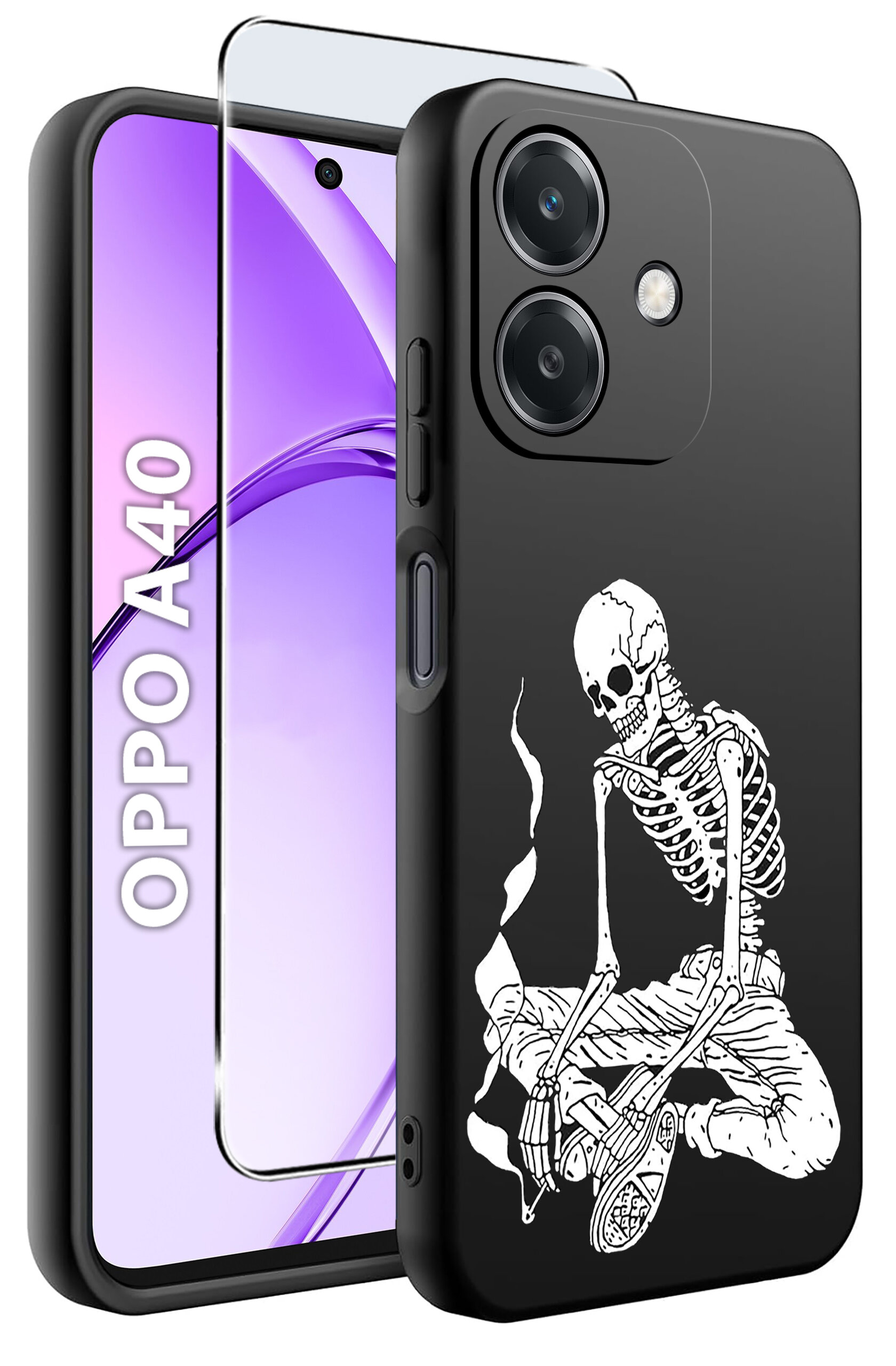 Obraz przedstawia czarne etui na telefon z nadrukiem białego szkieletu w pozycji siedzącej. Obok etui widoczny jest telefon z napisem \'OPPO A40\' na ekranie oraz szkło ochronne.